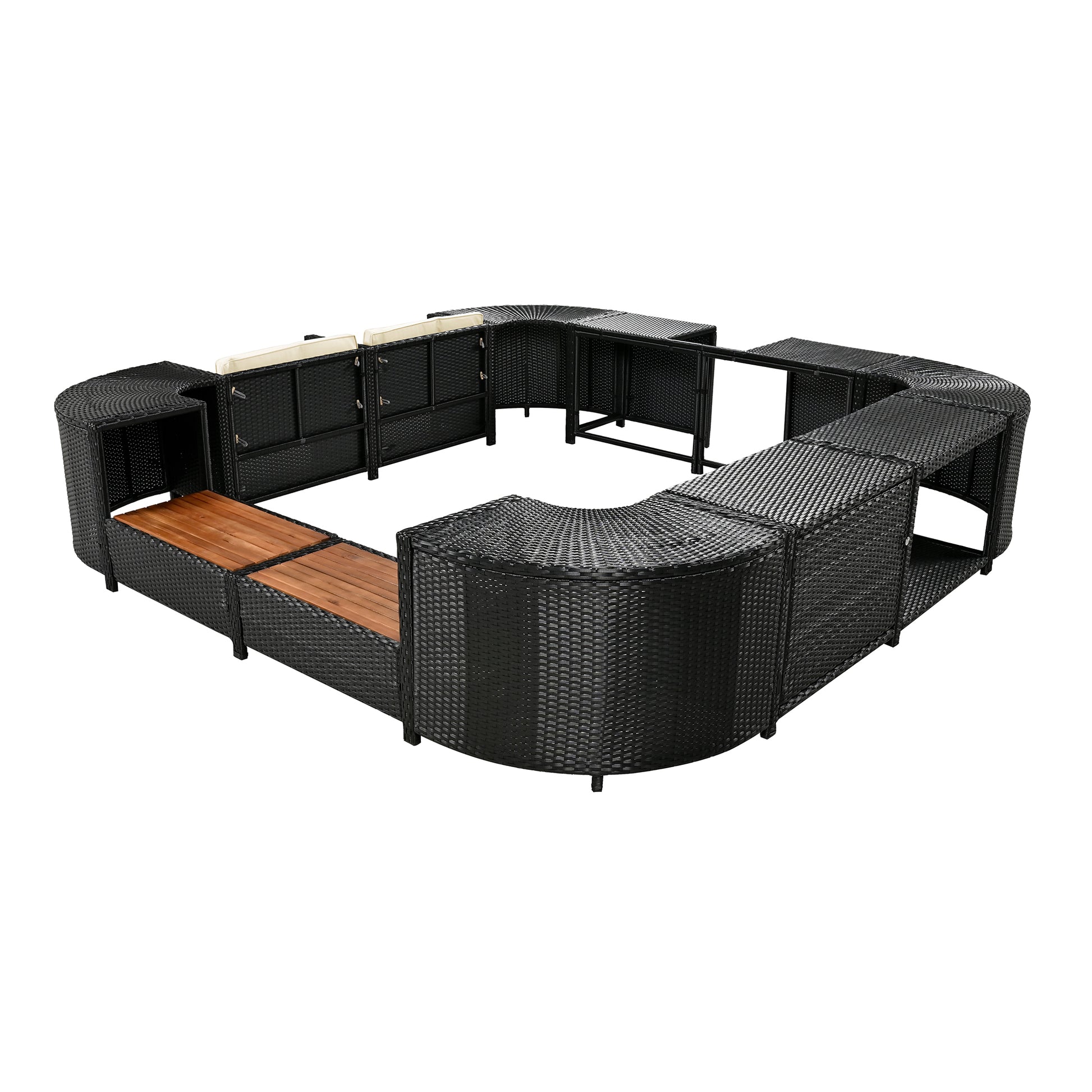Spa Surround Spa Frame Quadrilateral Outdoor Rattan Sectional Sofa Set With Mini Sofa,Wooden Seats And Storage Spaces, Beige Yes Beige Water Resistant Frame Water Resistant Cushion Garden & Outdoor Sectional Seating Groups Foam Rattan Waterproof Fabric