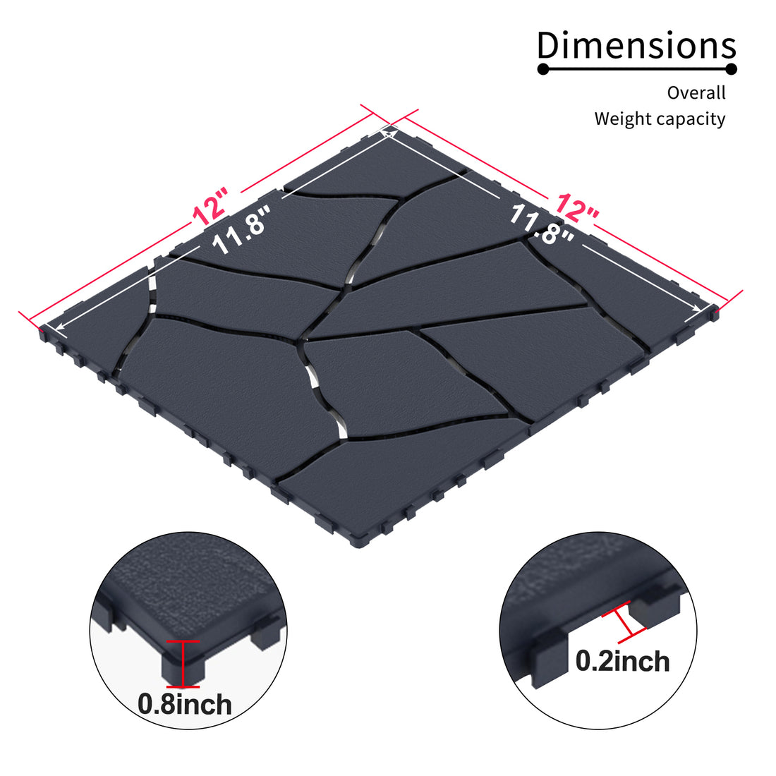 Stone Style 12" Patio Deck Tiles, Diy Module Interlocking Decking Tiles Floor Tile,Easy And Quick Installation Court Tiles For Porch Poolside Balcony Backyard 44Pcs Dark Gray Grey Polypropylene