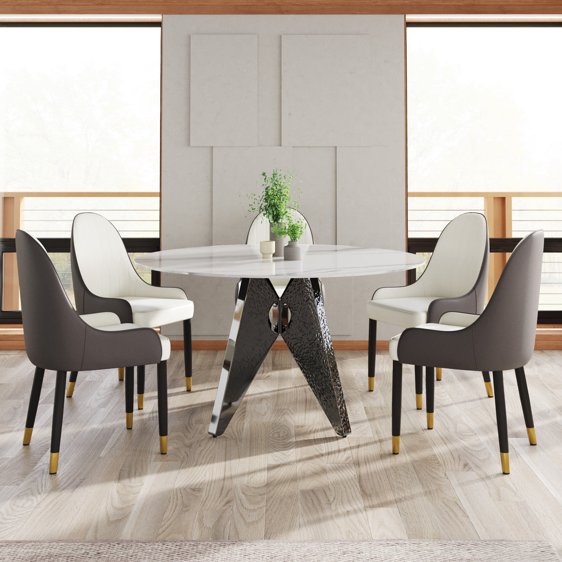 53" Round Marble Dining Table With Silver Stainless Steel Design Base, Artificial Marble For 6 People, Dining Room Living Room Kitchen Dining Table,White Dining Table Only Silver,White Dining Room