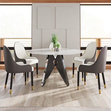 53" Round Marble Dining Table With Silver Stainless Steel Design Base, Artificial Marble For 6 People, Dining Room Living Room Kitchen Dining Table,White Dining Table Only Silver,White Dining Room