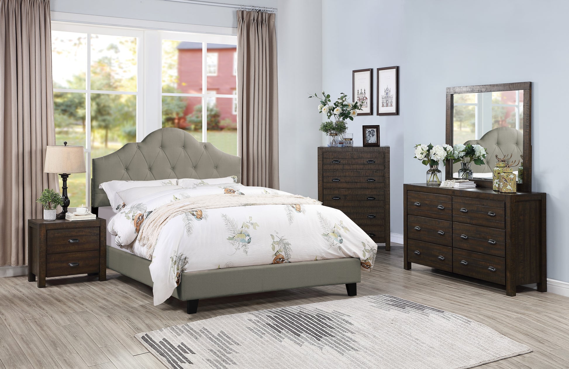 Majestic Arch 1Pc Queen Size Bed Adjustable Hb Grey Polyfiber Tufted Upholstered Wooden Bedframe Bedroom Furniture Box Spring Not Required Queen Gray Espresso Wood Bedroom