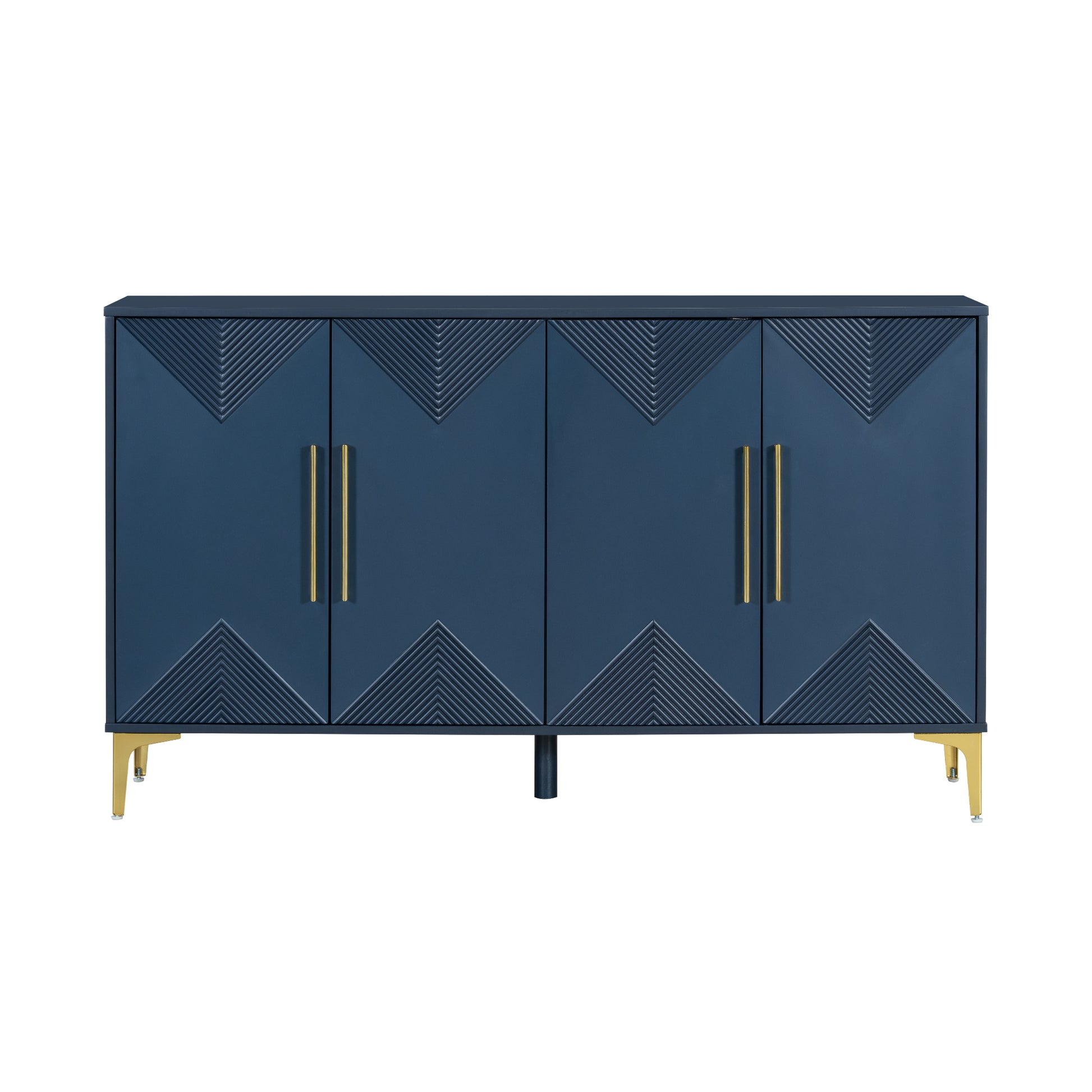 Unique Features Of A Four Door Cabinet With Two Tone Triangular Pattern Doors, Suitable For Entryway, Hallway, Living Room 3 4 Spaces Navy Blue Primary Living Space Adjustable Shelves Artsy,Contemporary Mdf