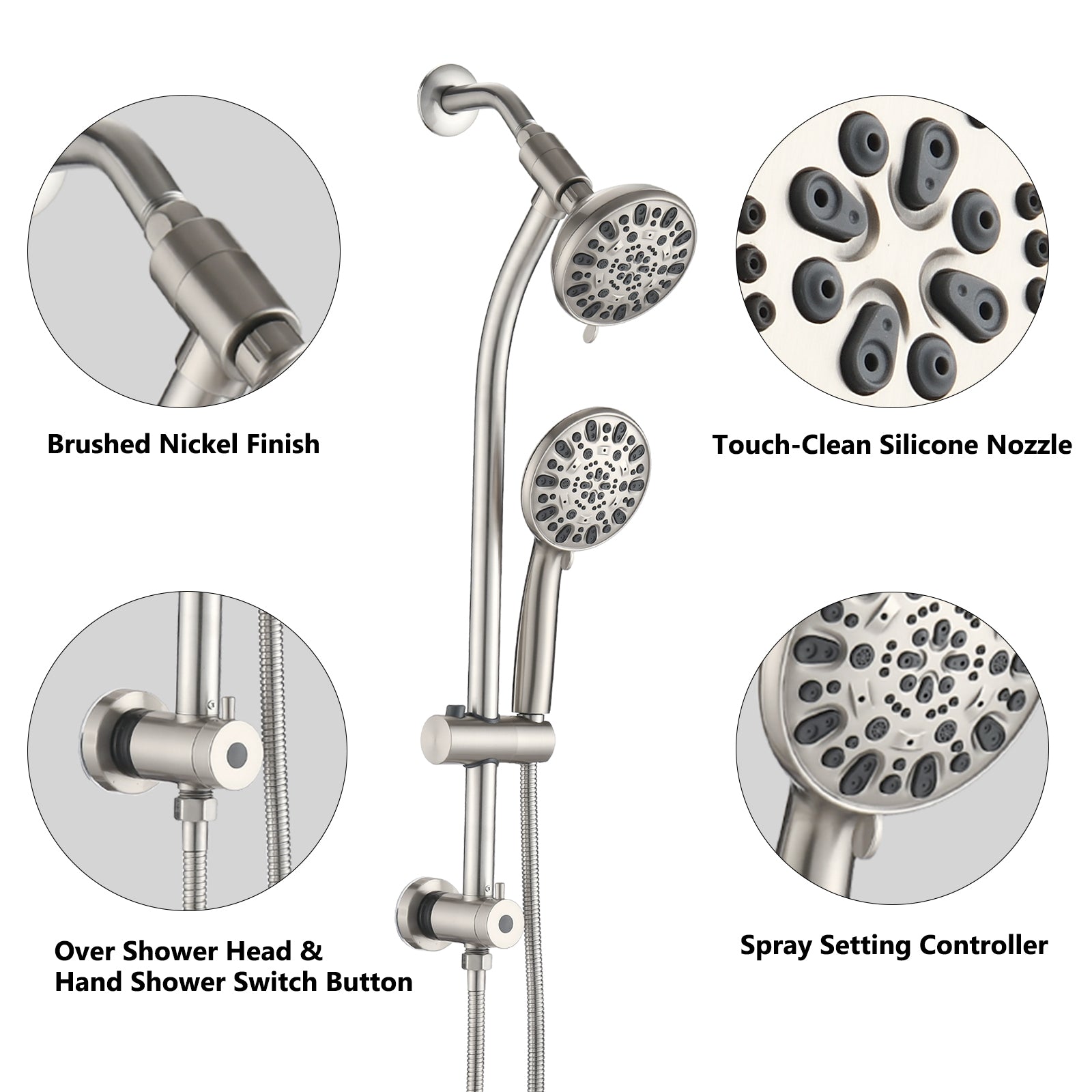 5" Brushed Nickel Rain Showerhead With Handheld Shower, 7 Spray Modes, Stainless Steel Slide Bar Brushed Nickel Stainless Steel