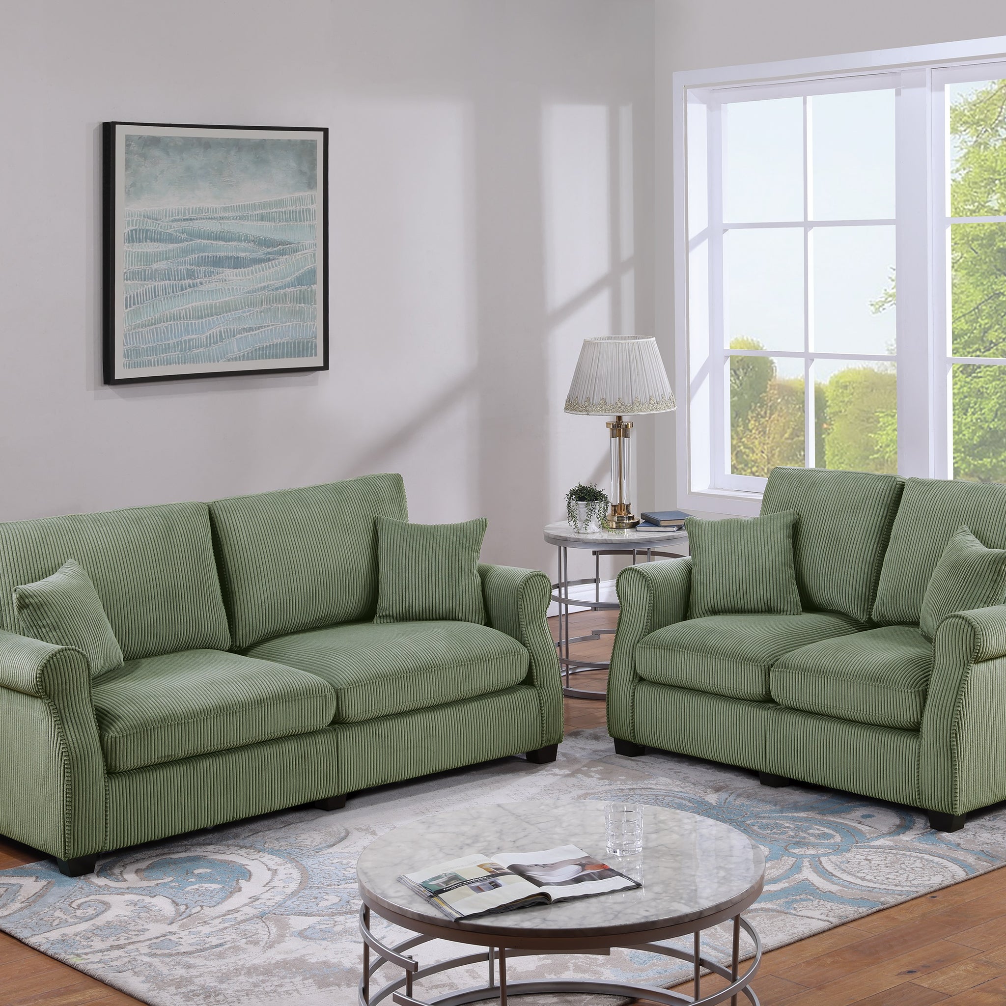 Classic Living Room 2Pc Sofa Set Sage Color Corduroy Sofa Loveseat W Pillows Square Arms Plush Couch Sage Primary Living Space Cushion Back Classic,Contemporary,Modern Rubberwood Rolled Arms Corduroy 4 Seat