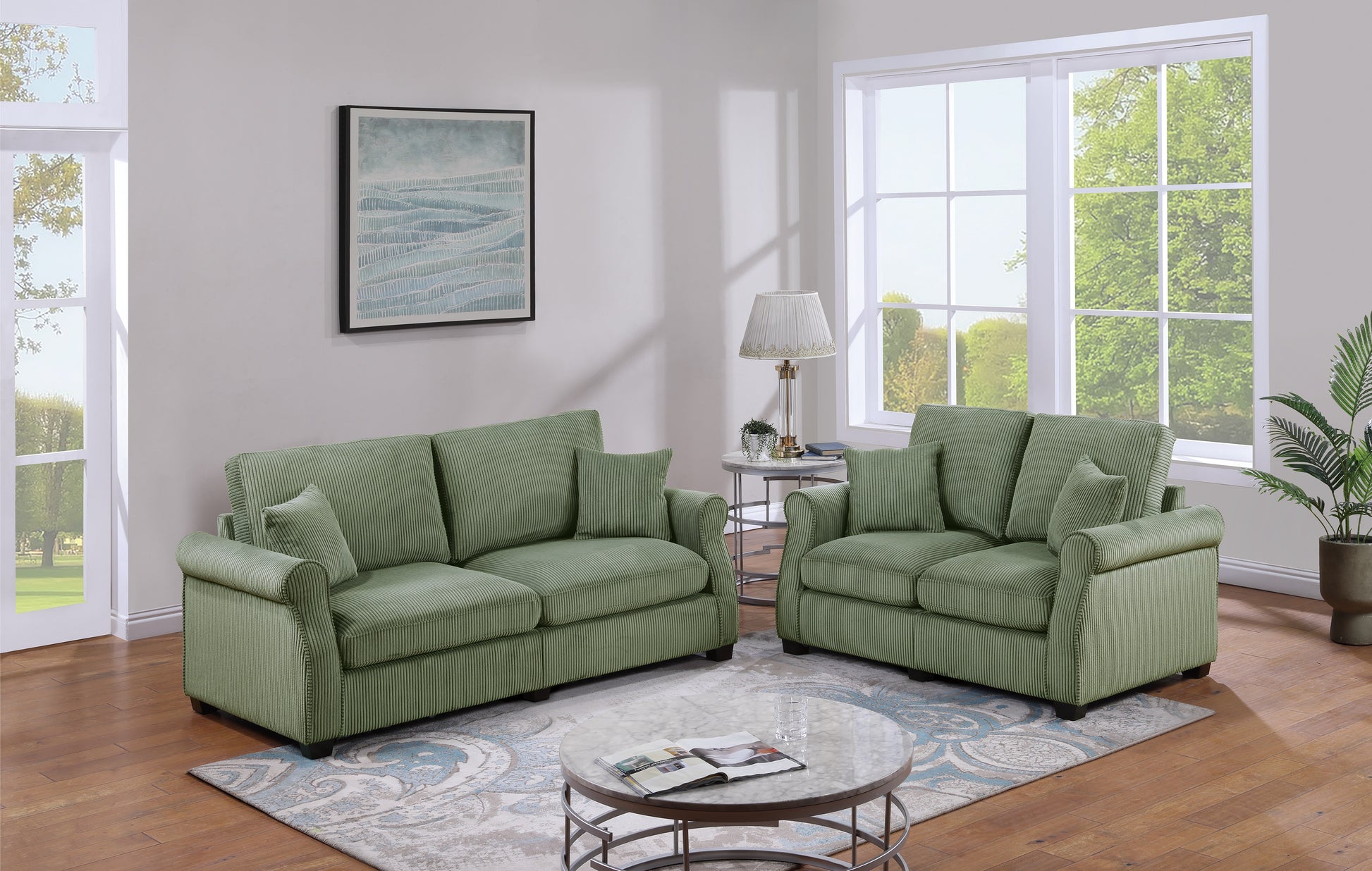 Classic Living Room 2Pc Sofa Set Sage Color Corduroy Sofa Loveseat W Pillows Square Arms Plush Couch Sage Primary Living Space Cushion Back Classic,Contemporary,Modern Rubberwood Rolled Arms Corduroy 4 Seat