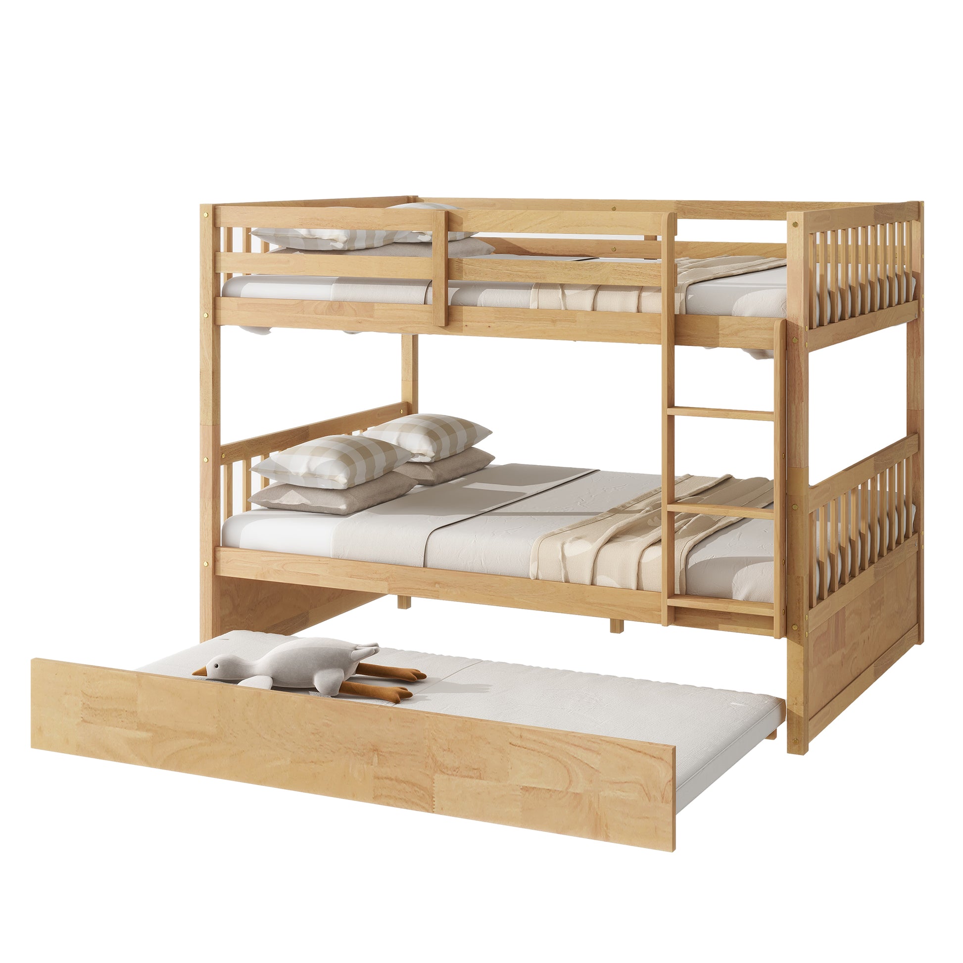 Full Over Full Rubber Wood Bunk Bed With Trundle, Ladder And Guardrails, Convertible To 2 Full Size Beds, With Twin Size Trundle,White Oak Full White Oak Bedroom American Design Bed Frame Rubber