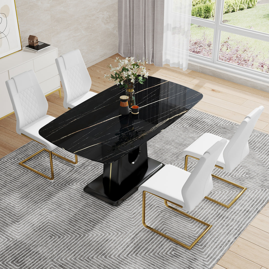 Table And Chair Set, Minimalist Dining Table, Imitation Marble Patterned Glass Tabletop, Mdf Legs With U Shaped Brackets. Paired With Comfortable Chairs, Suitable For Dining And Living Rooms. Black Gold Mdf Glass