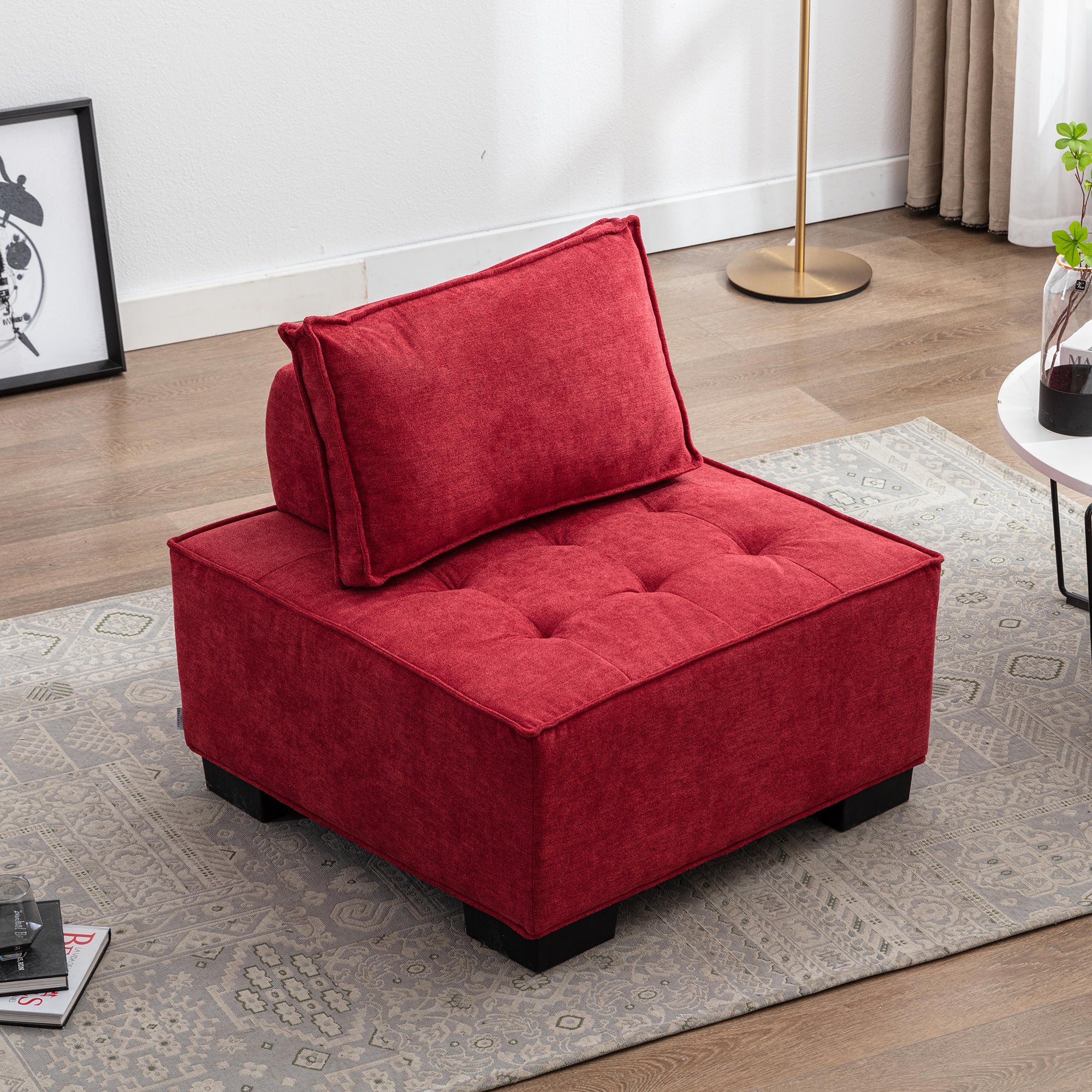 Coolmore Modern Upholstered Chair Leisure Sofa Lazy Sofa Plastic Legs And Pillow Removable Armless Accent Chair For Living Room,Bedroom,Office Rose Red Linen Rose Red Foam Linen