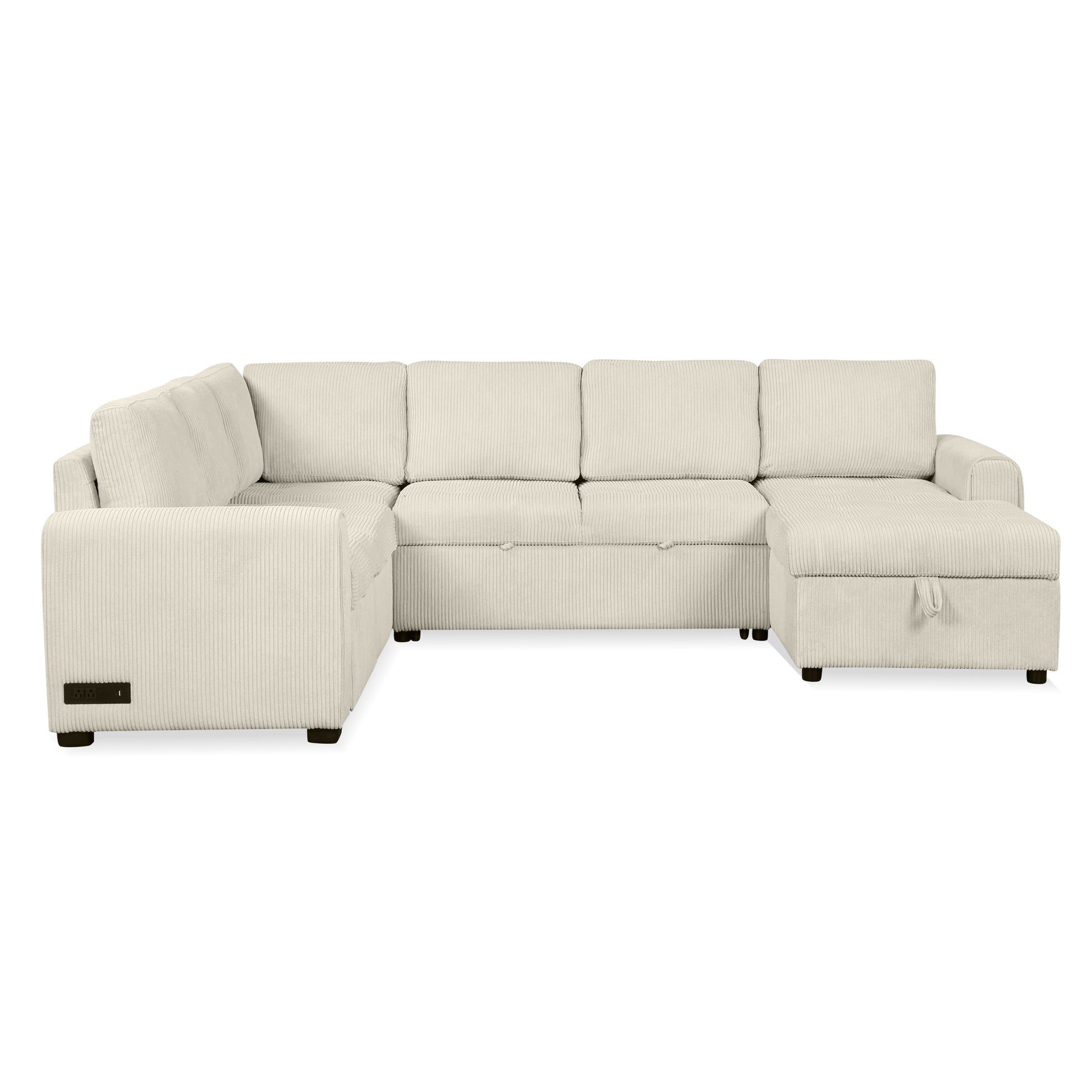 107.5" U Shaped Sofa Sectional Sofa Pull Out Sofa Bed With A Storage Chaise Lounge, Charging Devices For Living Room, Beige Beige Foam Corduroy 5 Seat