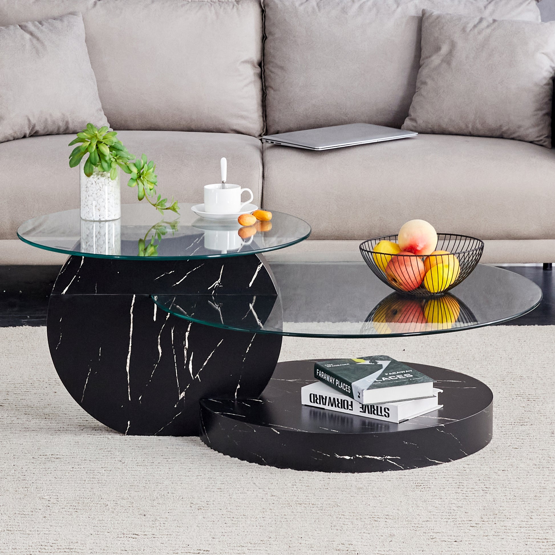 Modern And Practical Double Deck Round Table. Double Storage Space, Made Of Glass Tabletop And Mdf Table Legs. Suitable For Living Room And Bedroom And Dining Room. Black Mdf Glass