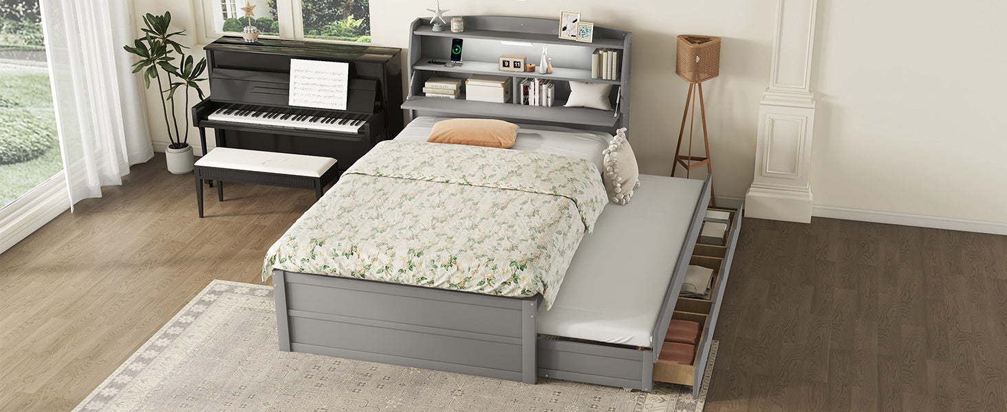 Full Size Wooden Led Platform Bed With Trundle, With Storage Headboard, With Drawers, Gray Full Gray Plywood