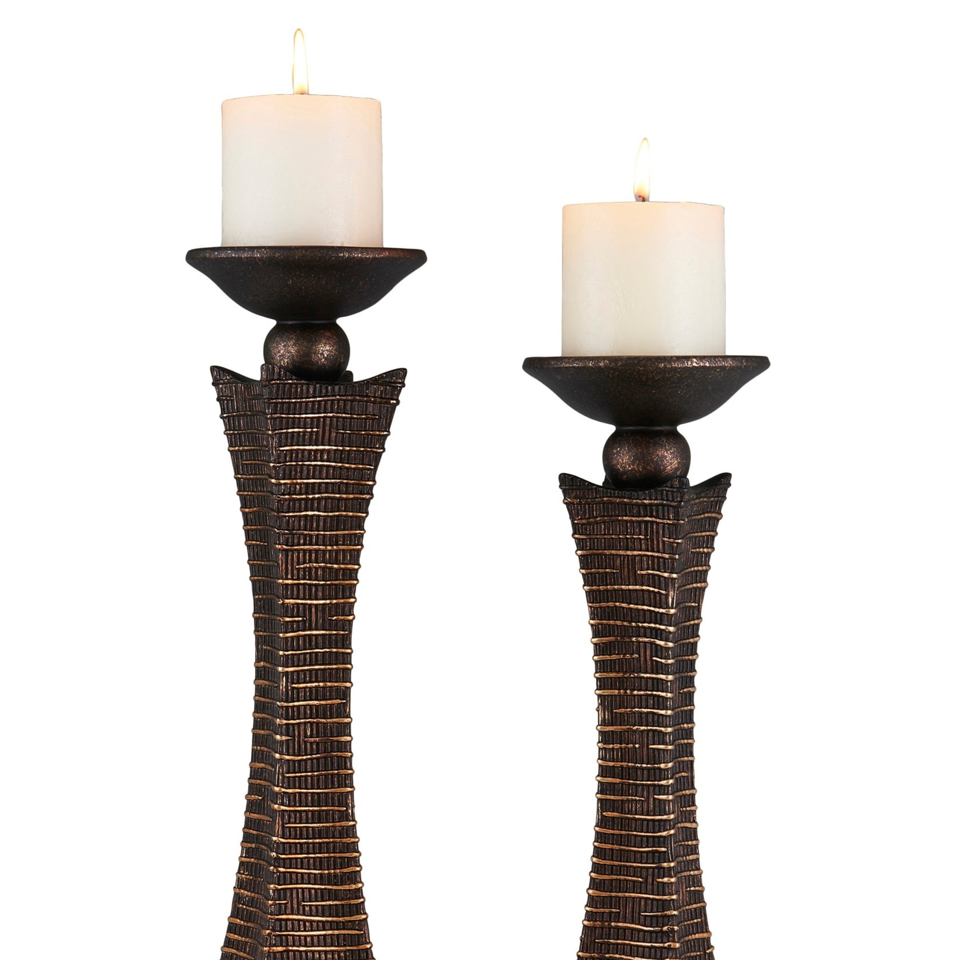 15.75" And 17.5" Tall "Kayan" Candleholder, Bronze Rustic Finish Set Of 2 Bronze Polyresin