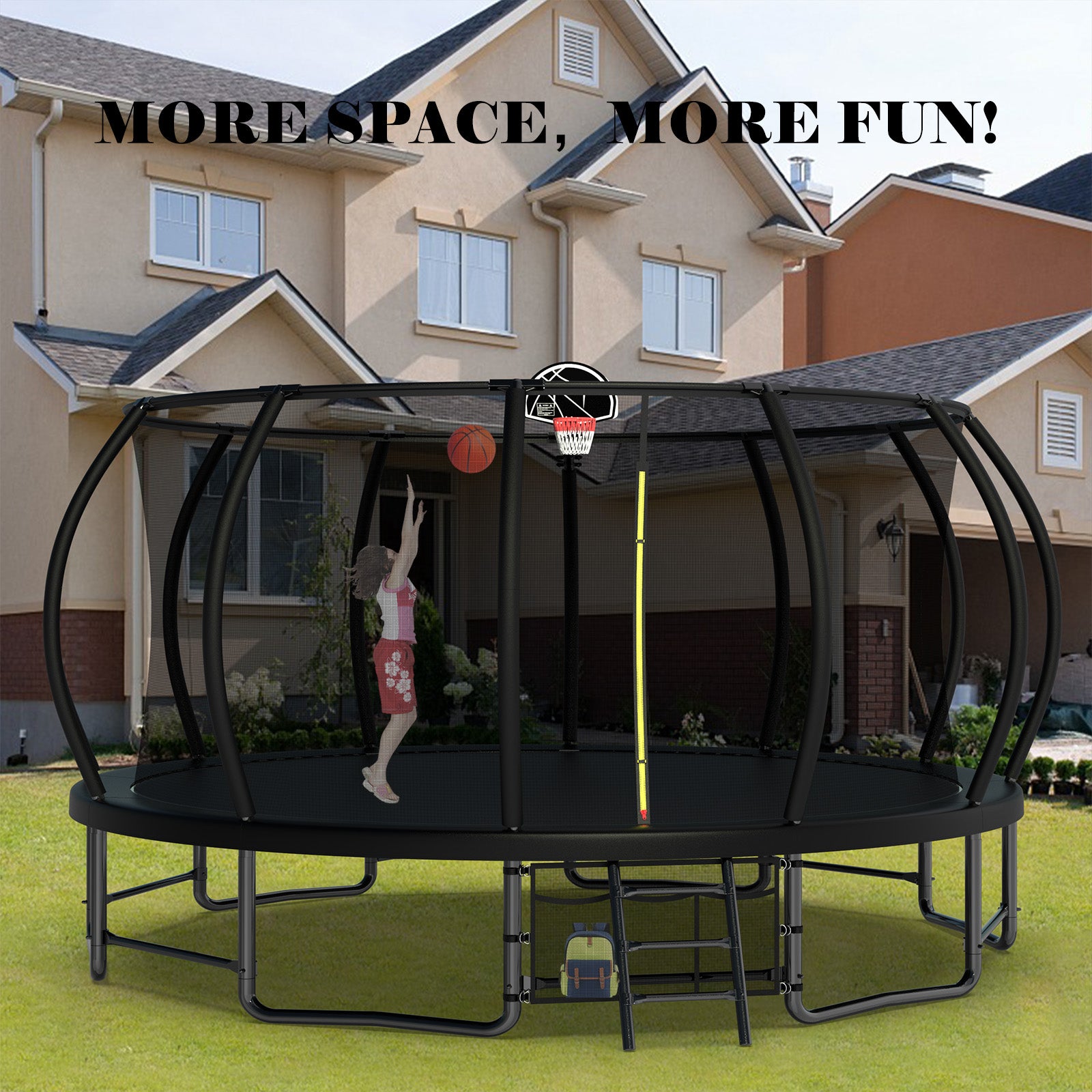 16Ft Outdoor Trampoline For Kids And Adults, Pumpkin Trampolines With Curved Poles,Heavy Duty Trampoline Anti Rust Coating Astm Approval Black Steel