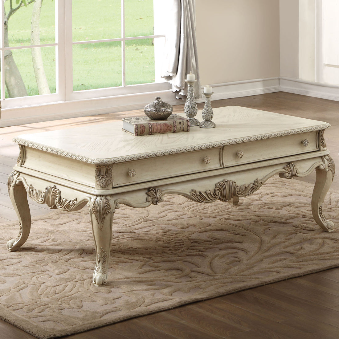 Antique White 2 Drawer Coffee Table With Cabriole Leg Antique White Primary Living Space Drawers Rectangular Mdf