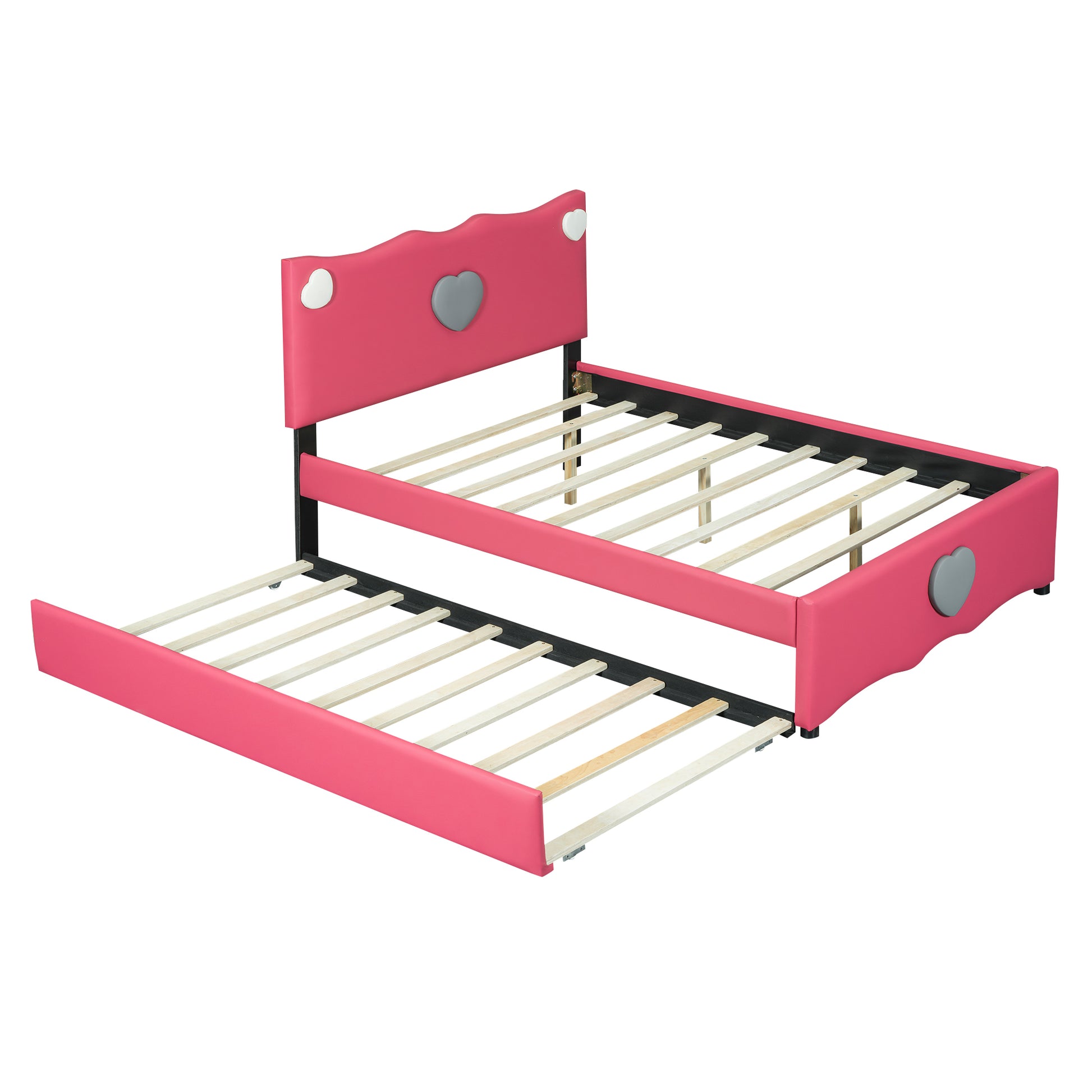 Full Size Upholstered Platform Bed With Trundle And Heart Shaped Decoration, Dark Pink Box Spring Not Required Full Dark Pink Wood Bedroom Bed Frame Faux Leather Upholstered