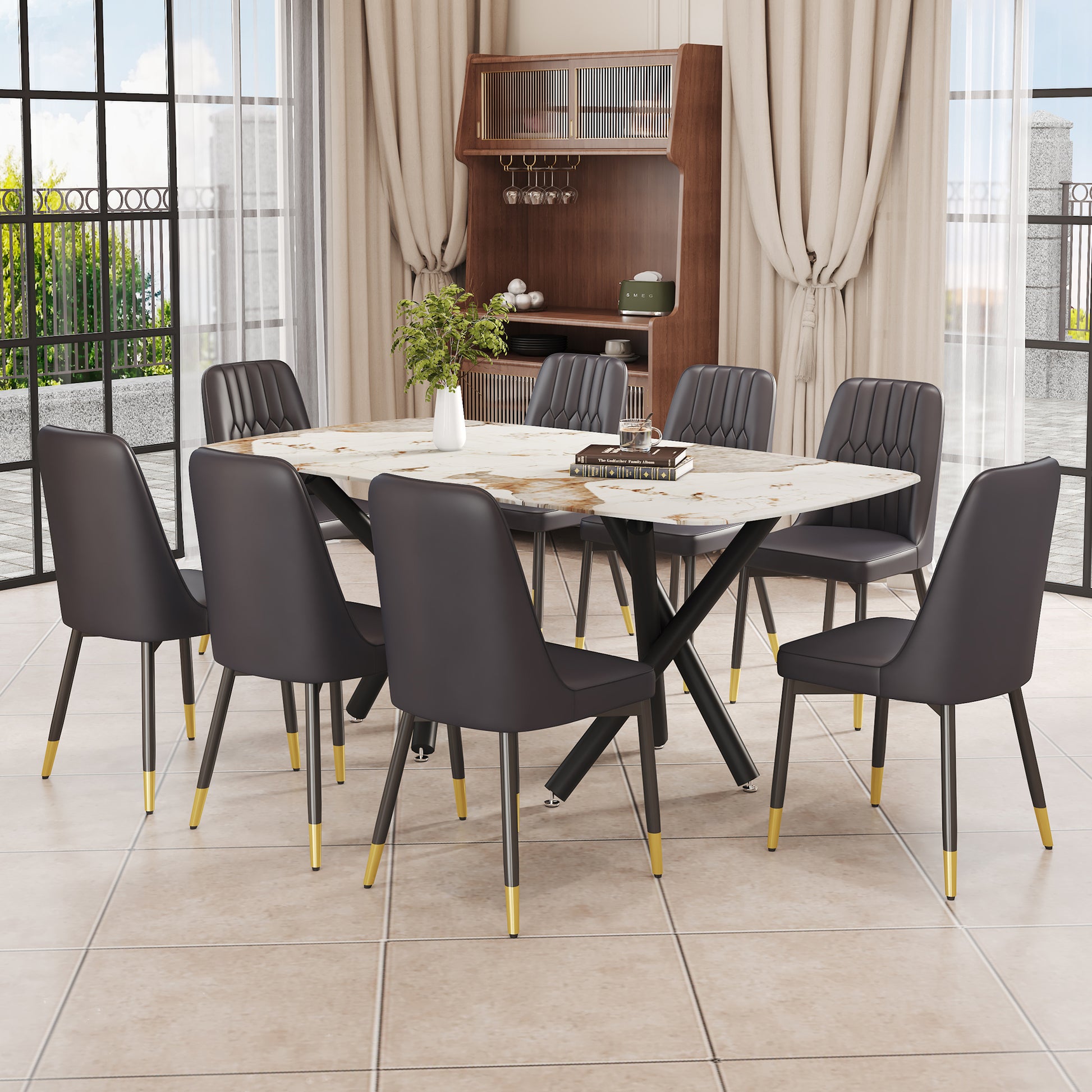 1 Table And 8 Chairs Set.A Rectangular Dining Table With A 0.39 Inch Imitation Marble Tabletop And Black Metal Legs.Paired With 8 Chairs With Pu Leather Seat Cushion And Black Metal Legs.F 1538,C 007 Black Glass Metal