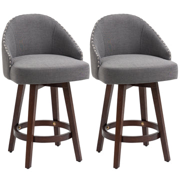 Homcom 26" Counter Height Bar Stools, Linen Fabric Kitchen Stools With Trim, Rubber Wood Legs And Footrest For Dining Room, Counter, Pub, Set Of 2, Dark Gray Dark Grey Wood