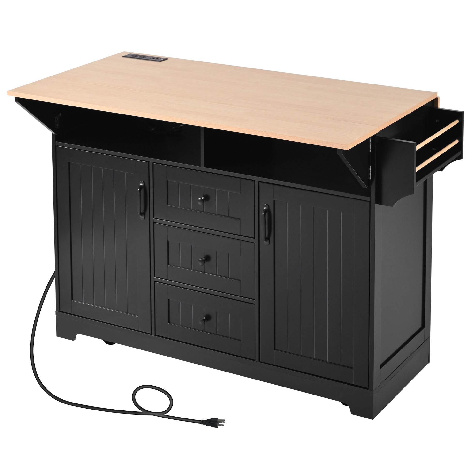 K&K 55.7'' Large Kitchen Island With 2 Drop Leaf, Rolling Kitchen Cart On 5 Wheels With Power Outlet, Folding Storage Dining Table With Spice & Towel Rack3 Drawers, For Kitchen, Dining Room,Black Black Brown Kitchen Classic,Farmhouse,Luxury,Modern