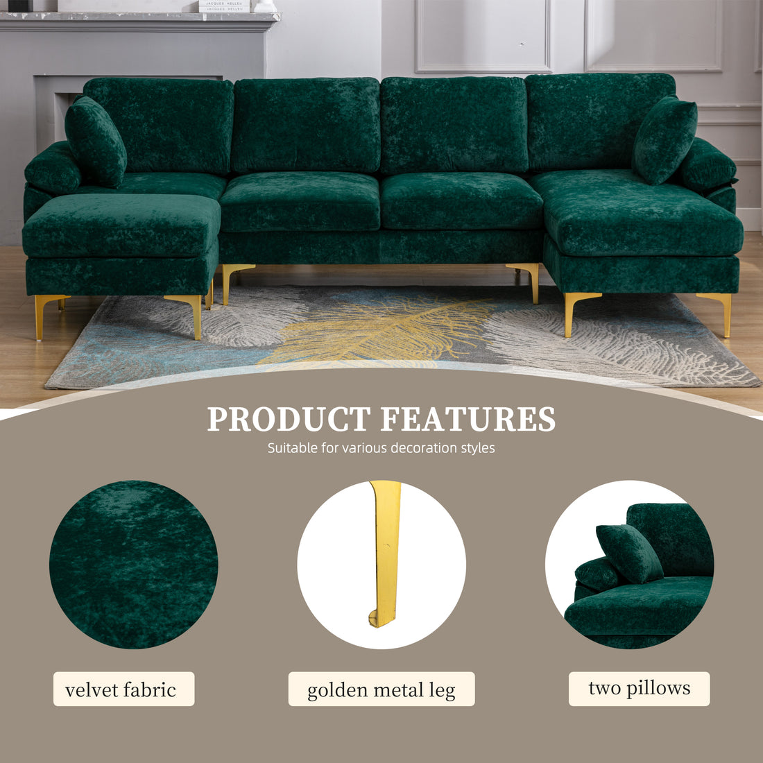 Coolmore U Shape Sectional Sofa With Ottomanreversible Sofa Couch For Living Room,Spacious Furniture,Durable Couch Removable And Machine Washable Cover Emerald Velvet Emerald Primary Living Space Foam Velvet 4 Seat