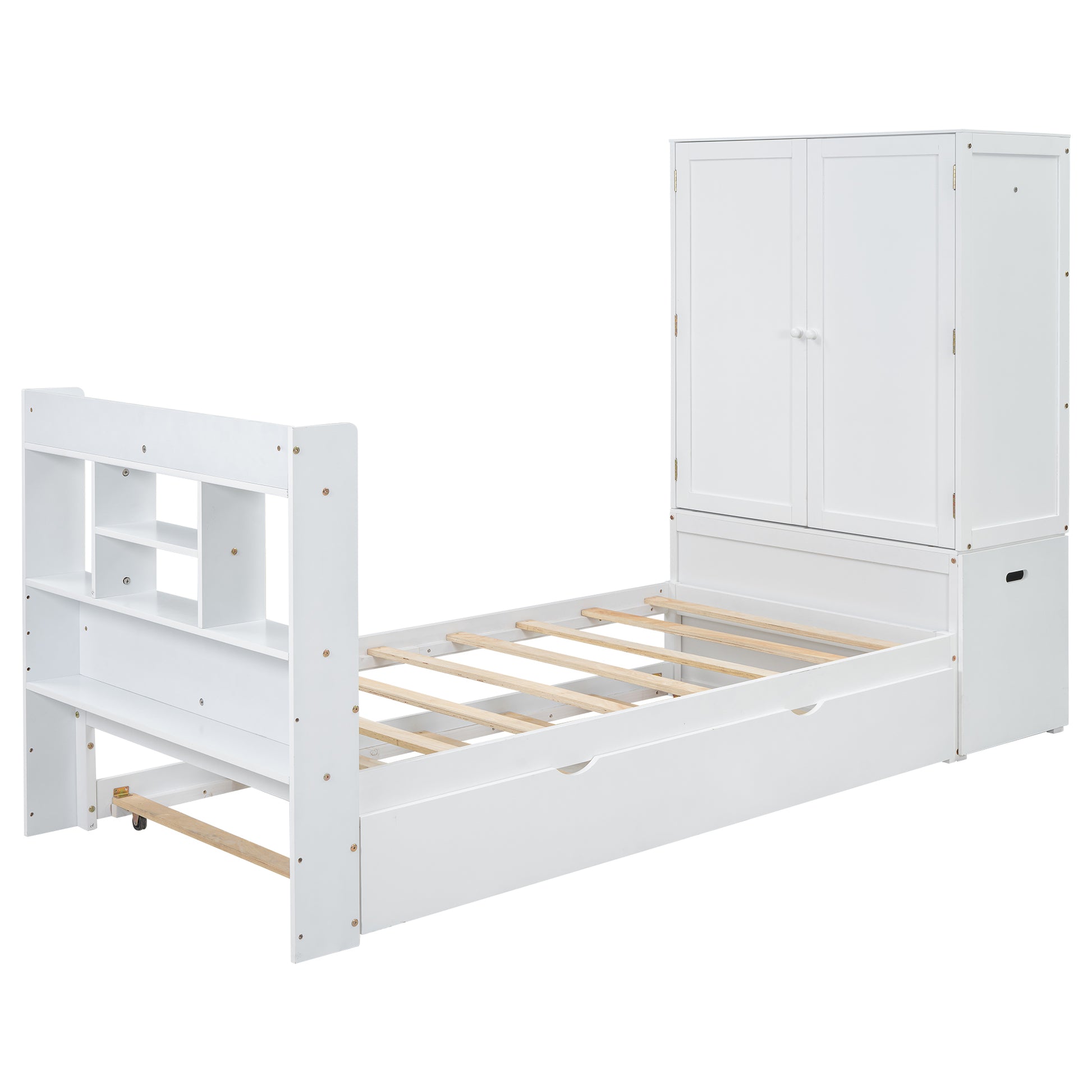 Twin Size Platform Bed With Storage Headboard And Footboard, Pull Out Shelves And Twin Size Trundle, White Box Spring Not Required Twin White Wood Bedroom Bed Frame Solid Wood Mdf