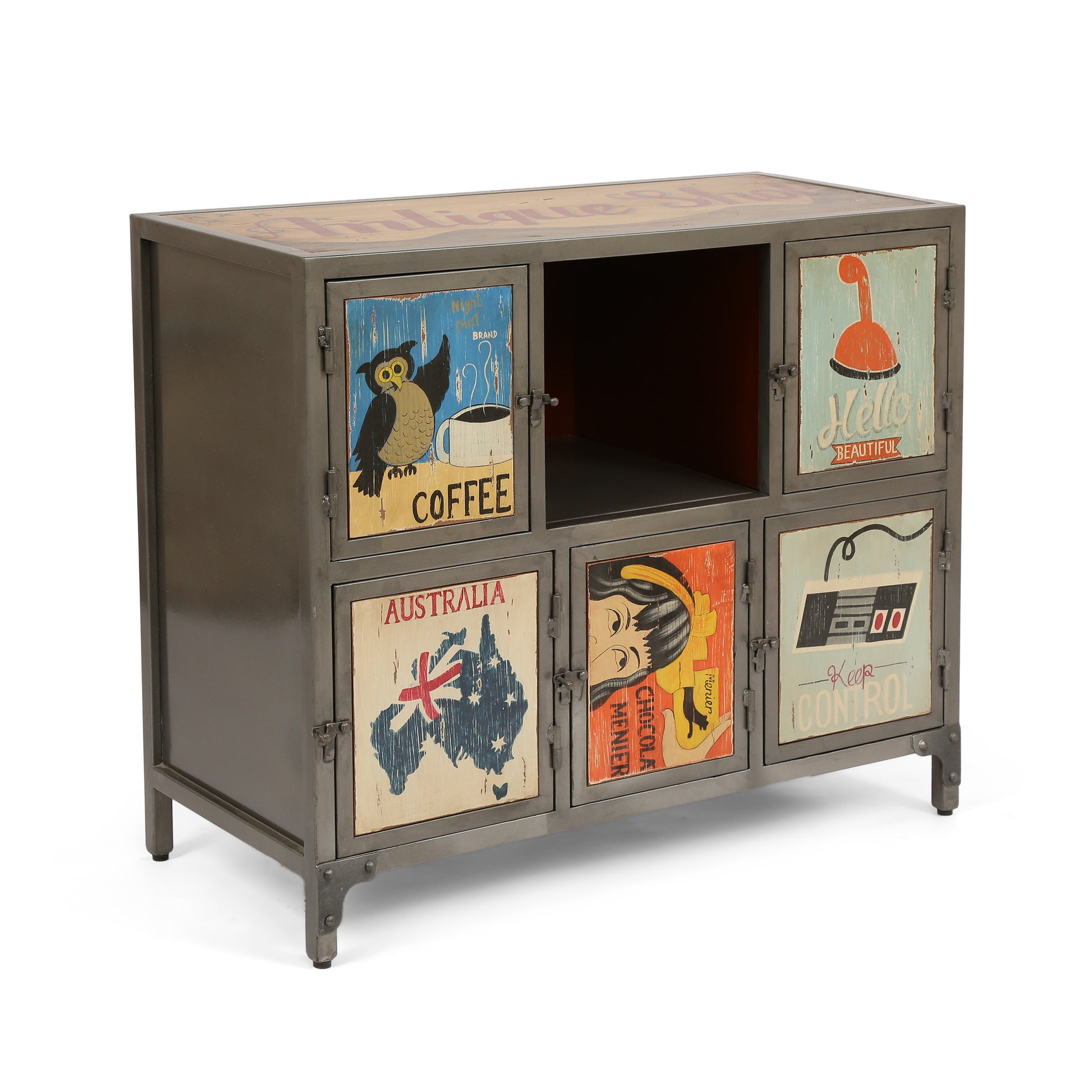 Wooden Iron Cabinet Multicolor Wood