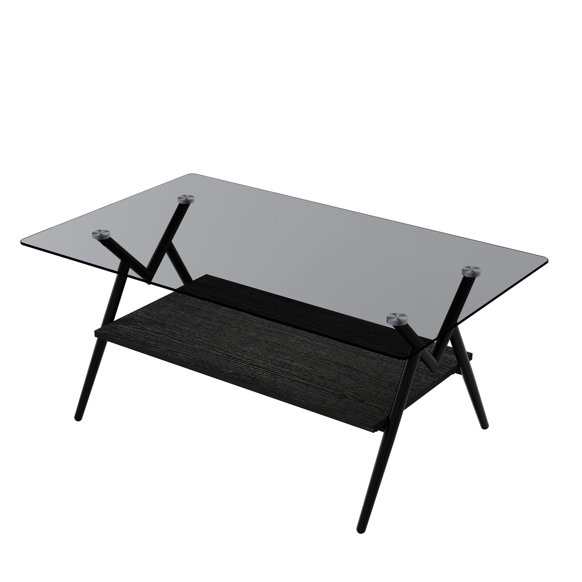 Rectangle Coffee Table With Tempered Glass Top And Black Mdf Shelf, Modern Table For Living Room, Gray Glass Gray Tempered Glass