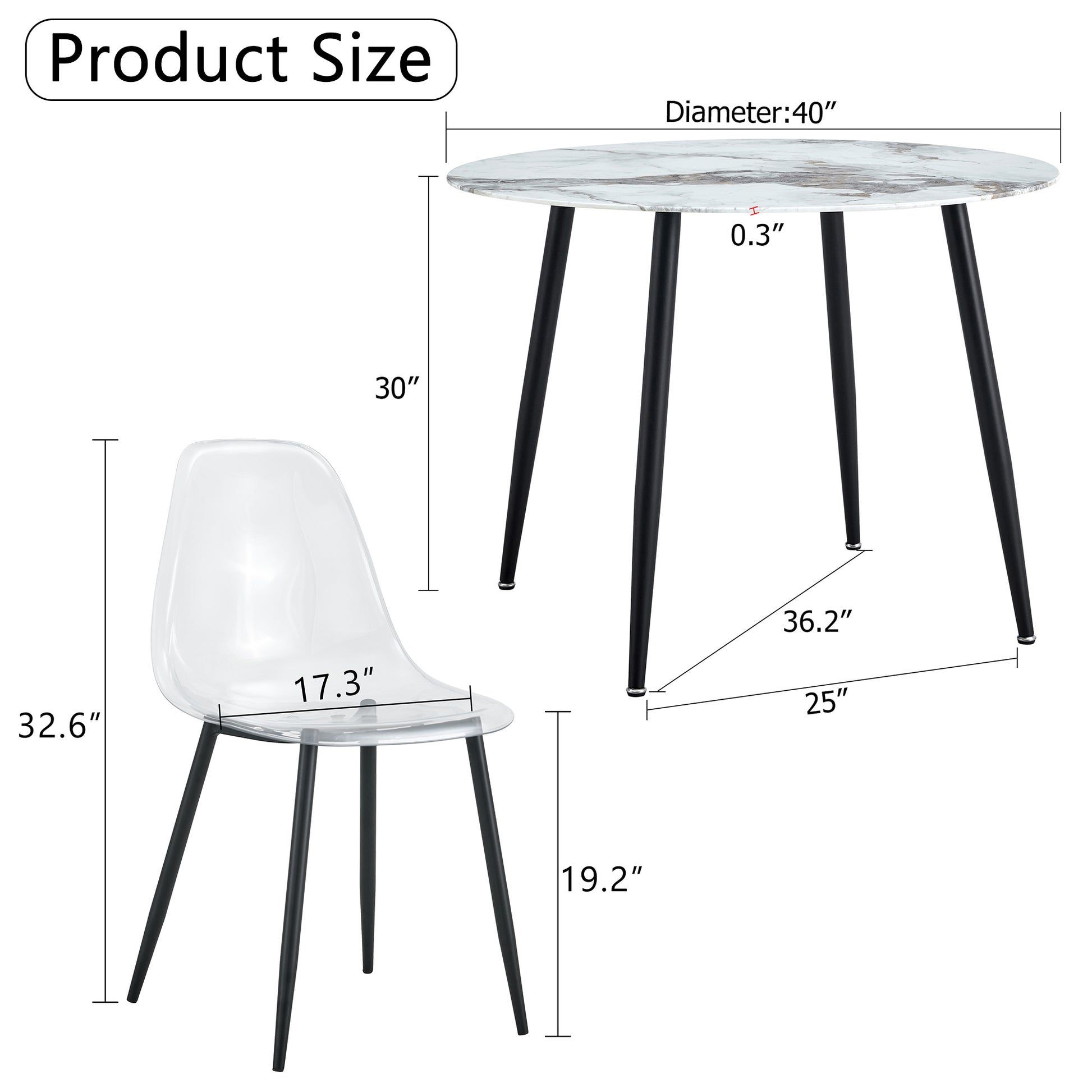 Table And Chair Set. Large Modern White Imitation Marble Patterned Round Table With Black Metal Legs. Nice Minimalist With Transparent Seats And Black Metal Legs. White Black Seats 4 Glass Metal