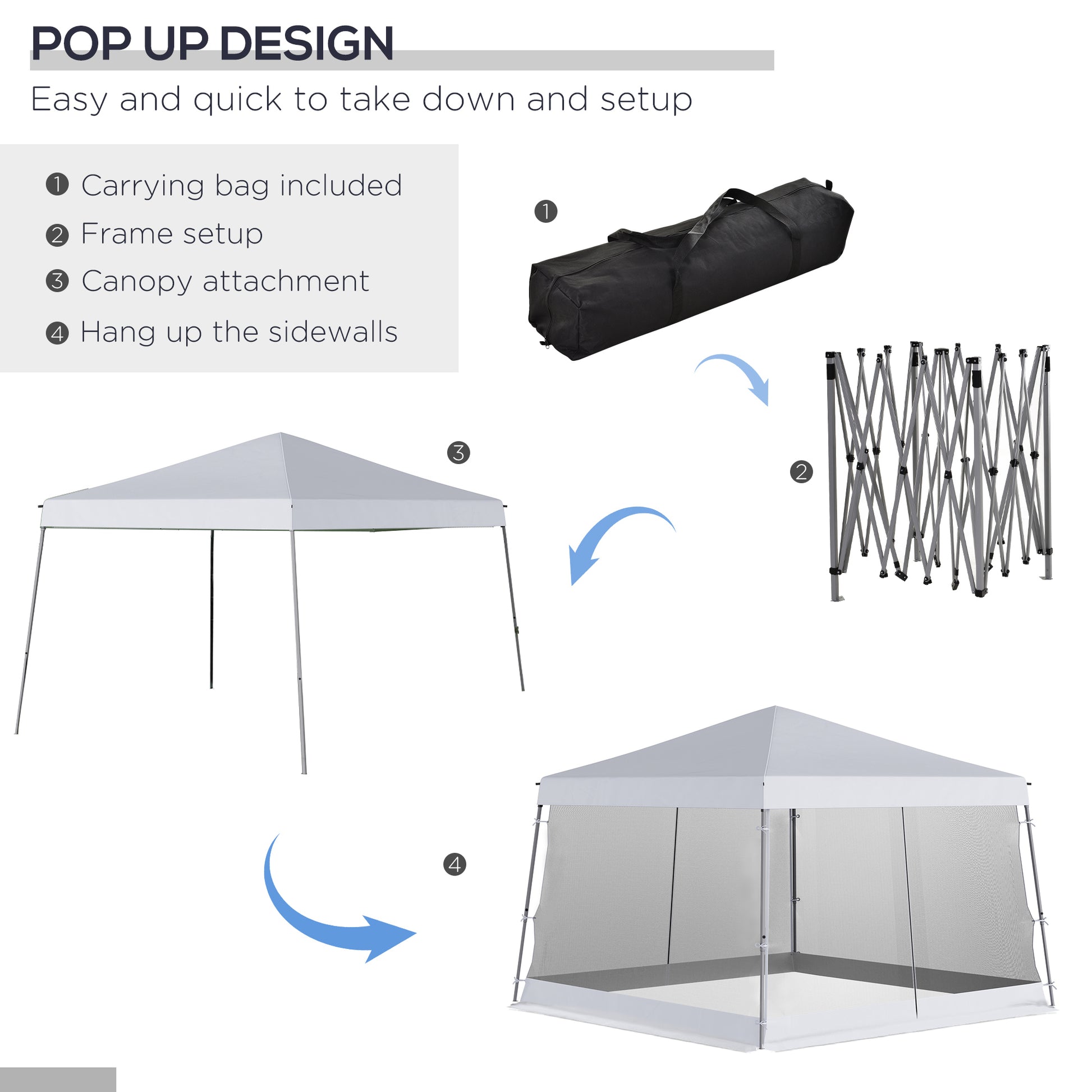 Outsunny Slant Leg Pop Up Canopy Tent With Netting And Carry Bag, Instant Sun Shelter, Tents For Parties, Height Adjustable, For Outdoor, Garden, Patio, 11.5'X11.5' Base 10'X10' Top , White White Steel