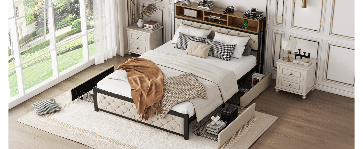 Metal Queen Size Platform Bed With 4 Drawers, Upholstered Headboard And Footboard, Sockets And Usb Ports, Beige Queen Beige Black Fabric Metal