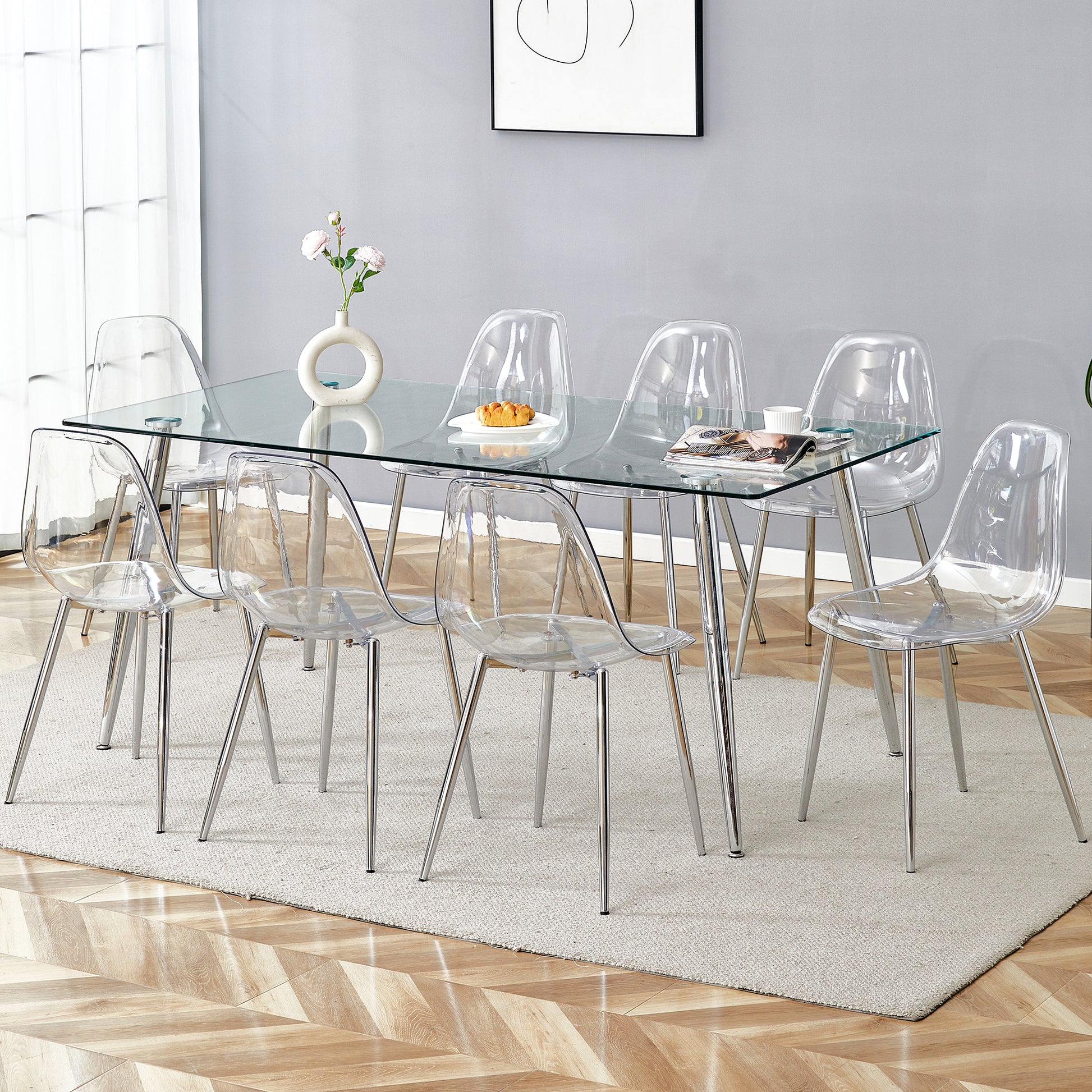 Table And Chair Set.Modern Rectangular Glass Dining Table With Tempered Glass Countertop And Silver Metal Legs, Paired With Multiple Transparent High Quality Pet Dining Chairs With Silver Legs. Silver Seats 8 Tempered Glass