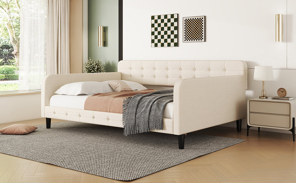 Full Size Upholstered Tufted Daybed With 4 Support Legs, Beige Box Spring Not Required Full Beige Wood Bedroom Daybeds Linen Upholstered