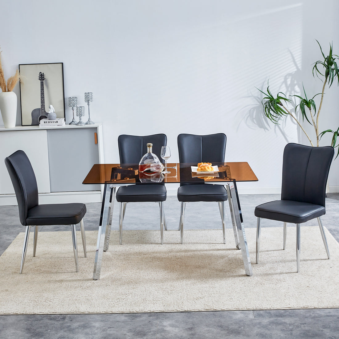 Table And Chair Set. Large Modern Rectangular Table With Brown Glass Top And Silver Metal Legs. It Comes With Soft And Comfortable Pu Seats, Faux Leather Upholstered Seats And Silver Metal Legs. Black,Brown Seats 4 Glass Metal