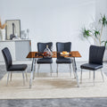 Table And Chair Set. Large Modern Rectangular Table With Brown Glass Top And Silver Metal Legs. It Comes With Soft And Comfortable Pu Seats, Faux Leather Upholstered Seats And Silver Metal Legs. Black,Brown Seats 4 Glass Metal