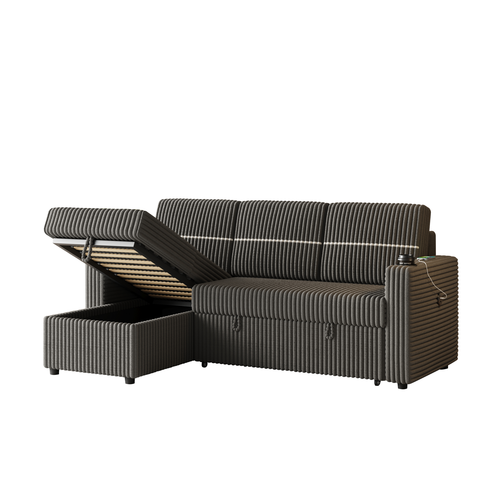 85 Inches Corduroy Sofa Bed, 3 Seater Sleeper Sofa With Storage Chaise, Square Handrail With Two Cup Holder And Usb Charge Port, Pull Out Couch For Living Room Dark Grey Corduroy 3 Seat