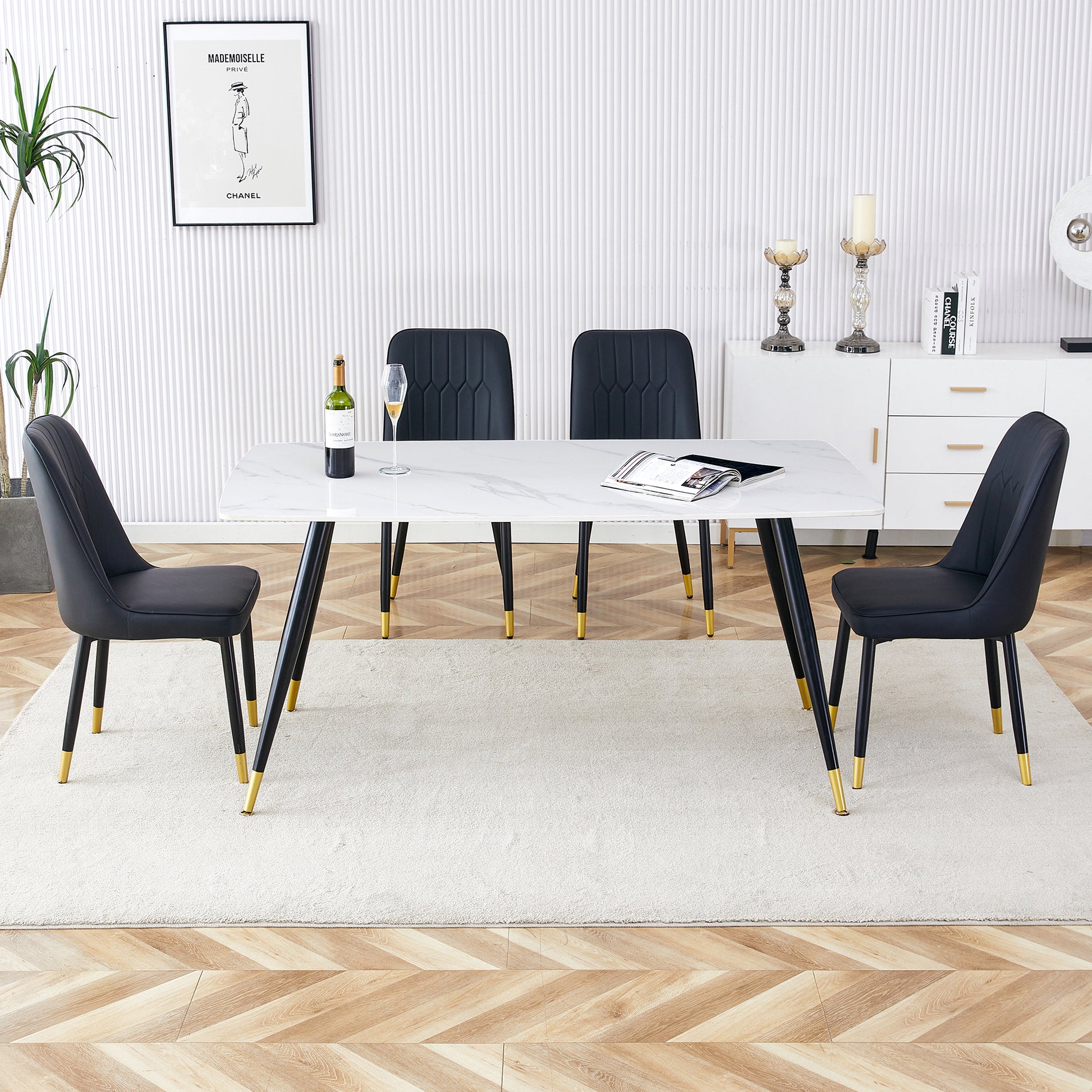 Modern Minimalist Dining Table. White Imitation Marble Pattern Sintered Stone Desktop With Black Metal Legs.62.2"*34.6"*30" F 001 Black Gold Sintered Stone