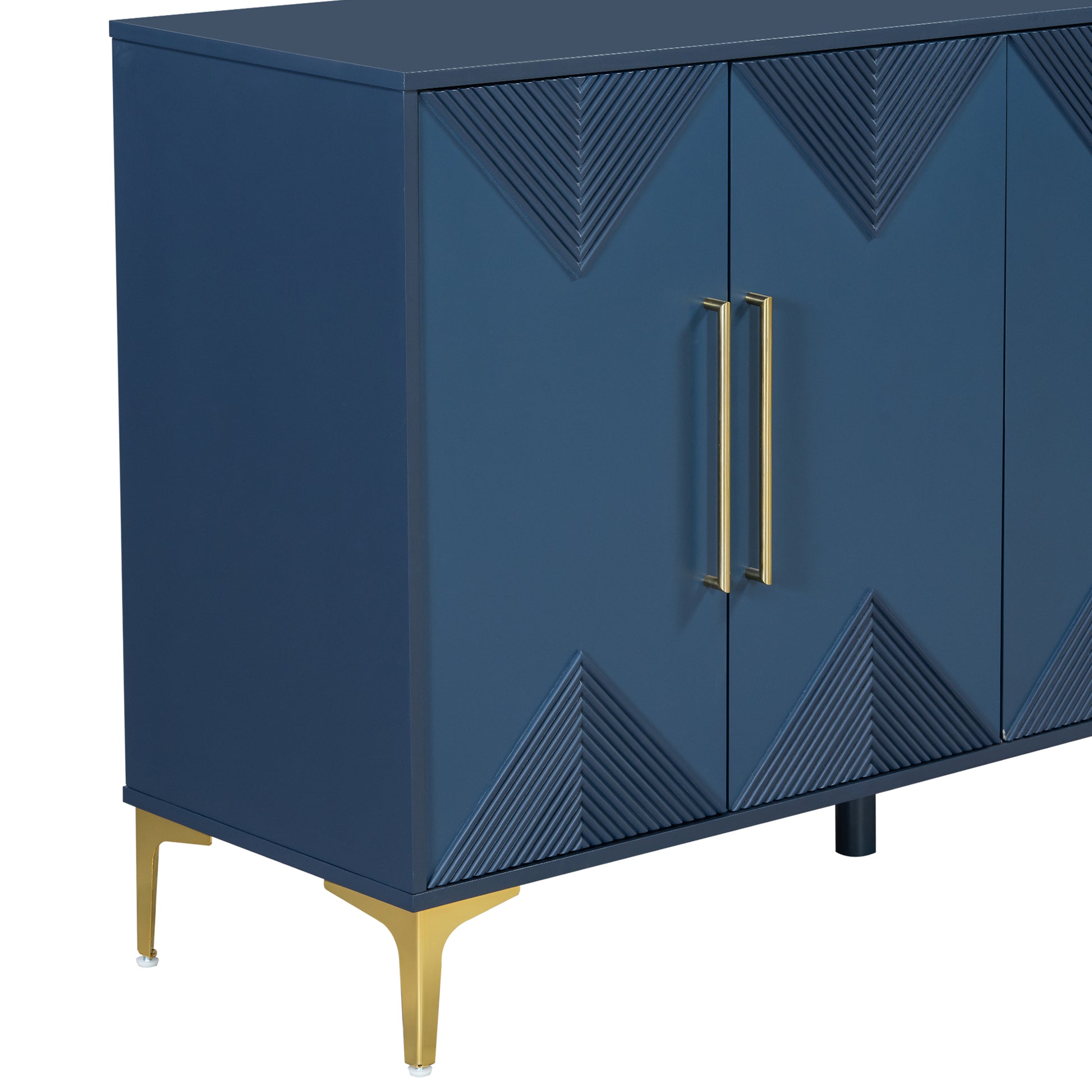 Unique Features Of A Four Door Cabinet With Two Tone Triangular Pattern Doors, Suitable For Entryway, Hallway, Living Room 3 4 Spaces Navy Blue Primary Living Space Adjustable Shelves Artsy,Contemporary Mdf