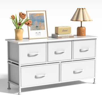 5 Drawers Dresser For Bedroom, Kidsroom Furniture, Wide Chest Of Drawers, Storage Organizer Units With Fabric Bins For Closet, White, Metal Frame, Waterproof Wood Top, Adjustable Feet White Wood