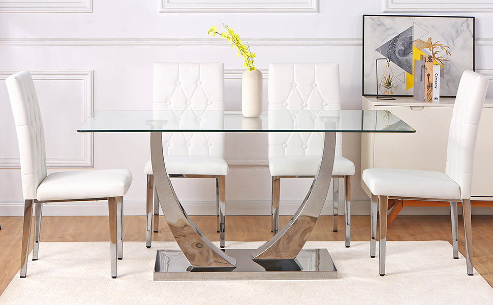 Table And Chair Set, Modern Dining Table, Tempered Glass Tabletop And Silver Colored Leg Table, Soft And Comfortable Dining Chair, Perfect For Dinner, Meetings, Home And Office Decor White Glass