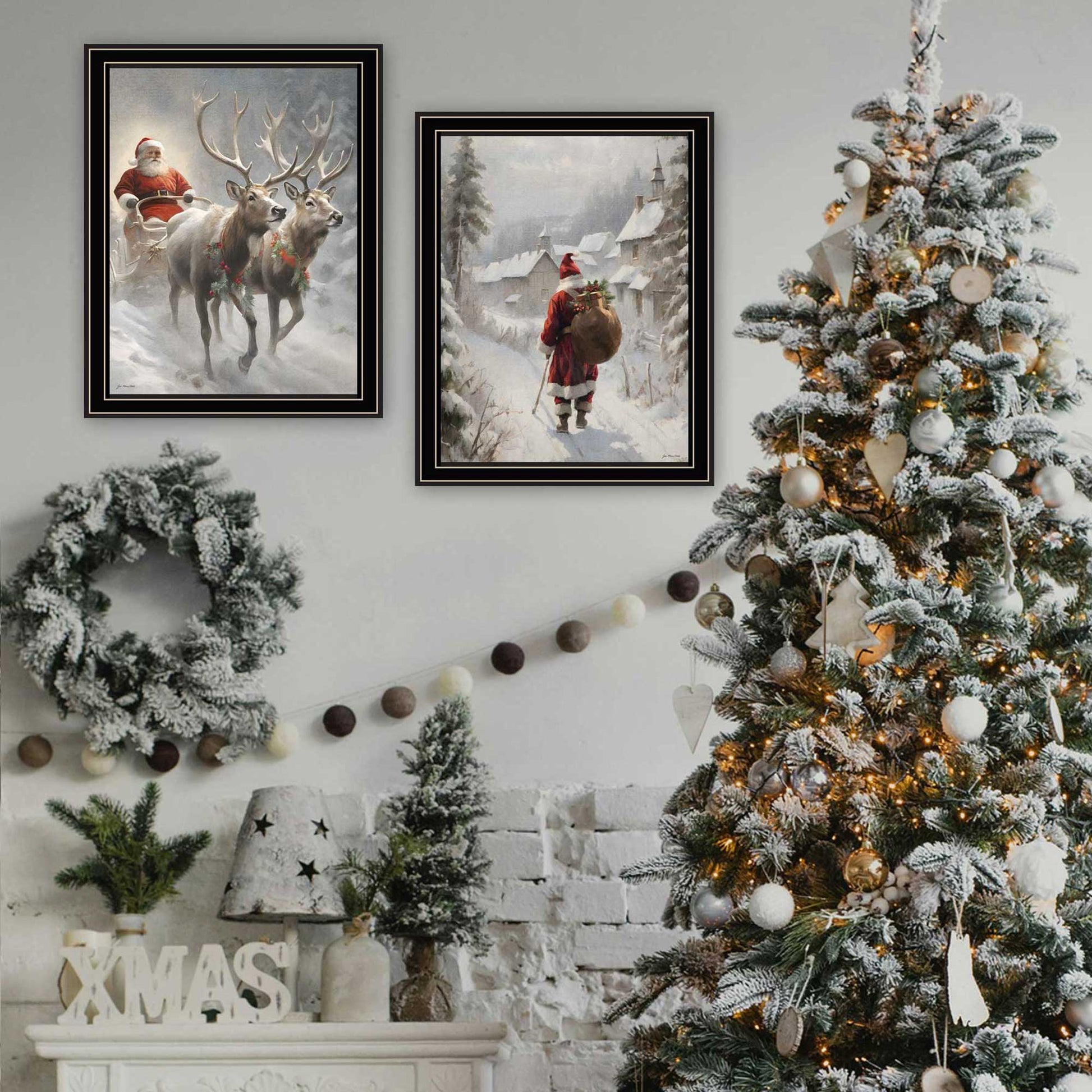 2 Piece Vignette On The Eve Of Christmas Black Framed Wall Art For Living Room, Holiday Wall Art Print For Home Decor, Bedroom Wall Art By Jo Moulton Multicolor Wood Paper