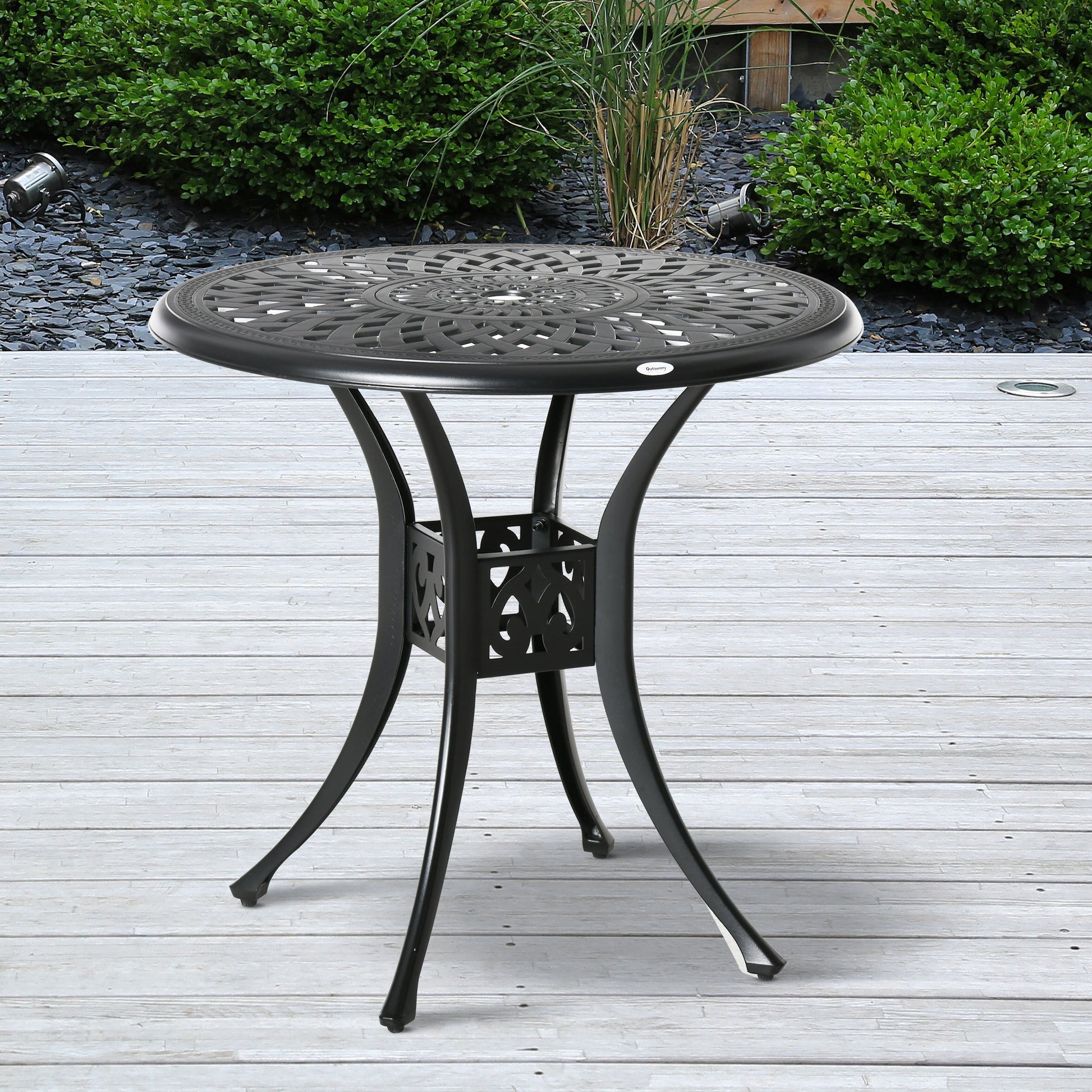 Outsunny 30" Round Patio Dining Table With Umbrella Hole, Antique Cast Aluminum Outdoor Bistro Table Only, Black Black Aluminium