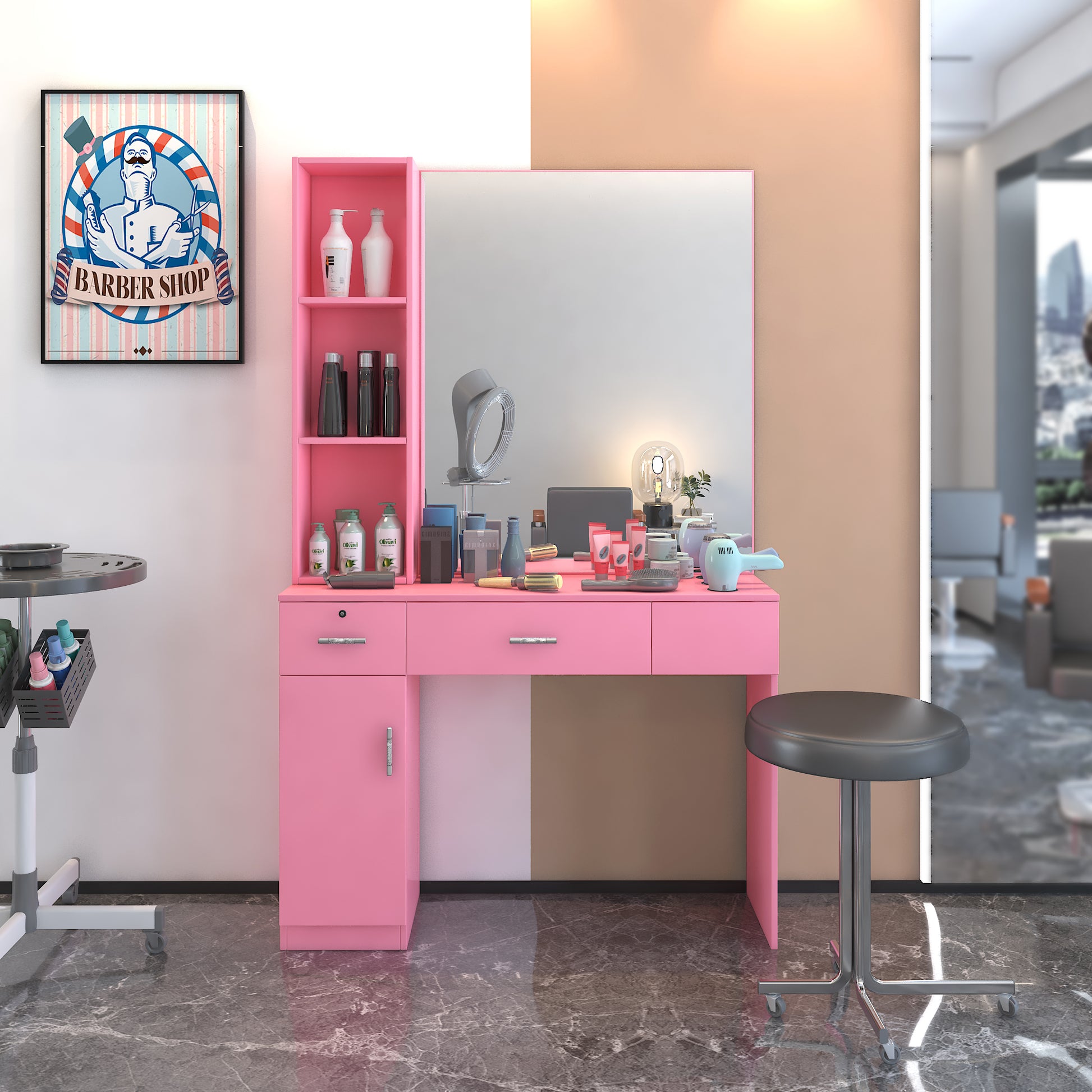 Salon Station Barber Stations Styling Station Barber Beauty Spa Salon Equipment Set With Mirror Pink Mdf