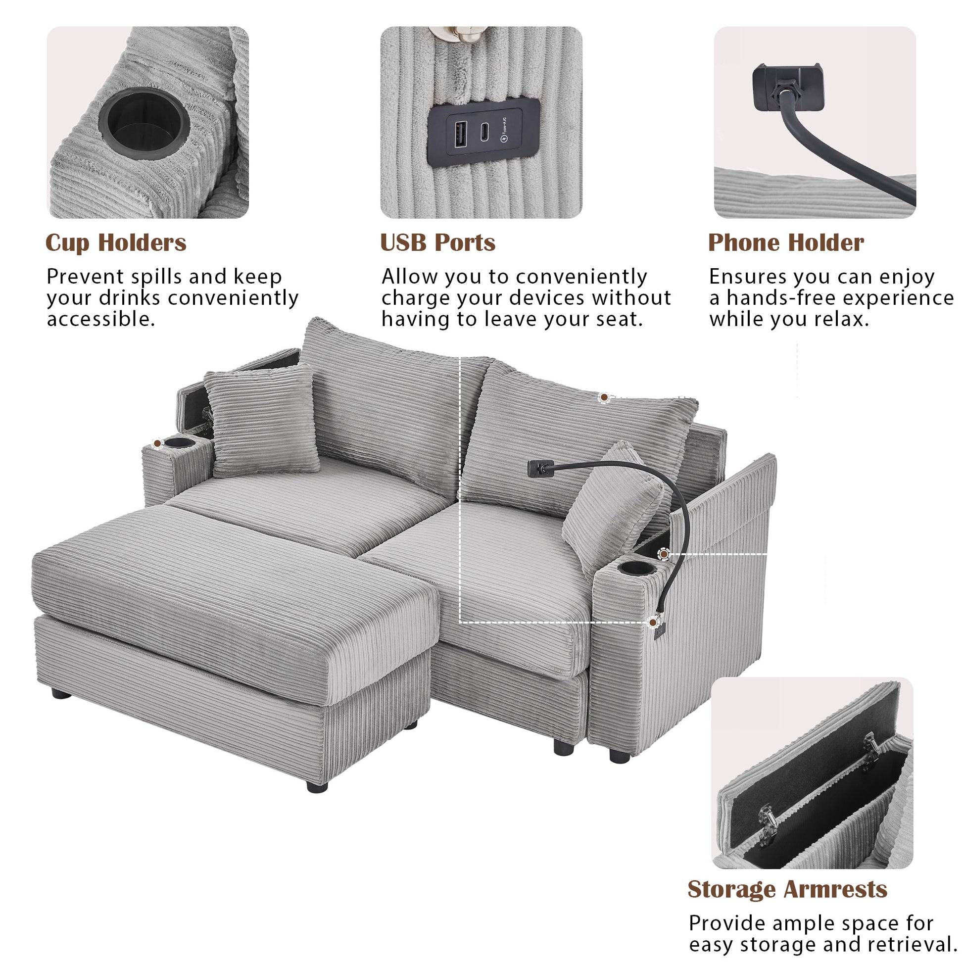 72.8" Modern Style Loveseat Sofa Sectional Sofa Couch With Storage Space, A Movable Ottoman, Two Usb Ports, Two Cup Holders, A Phone Holder For Living Room, Gray Gray Foam Corduroy 3 Seat