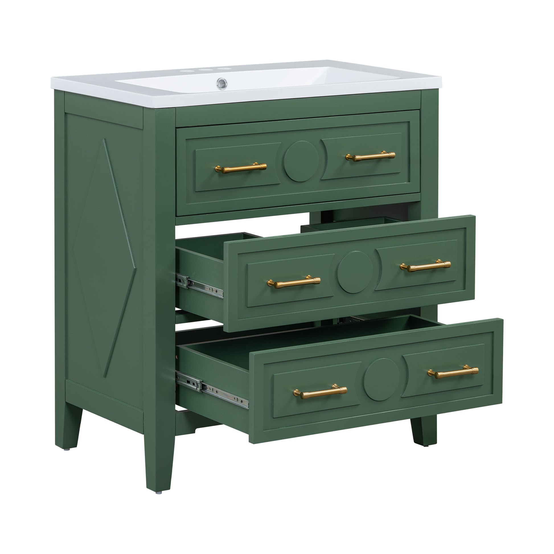 30'' Bathroom Vanity With Resin Sink Combo, Free Standing Single Vanity Set With 3 Drawers, Solid Wood Frame Bathroom Storage Cabinet, Green 3 Green Bathroom Freestanding Solid Wood Mdf Resin Painted