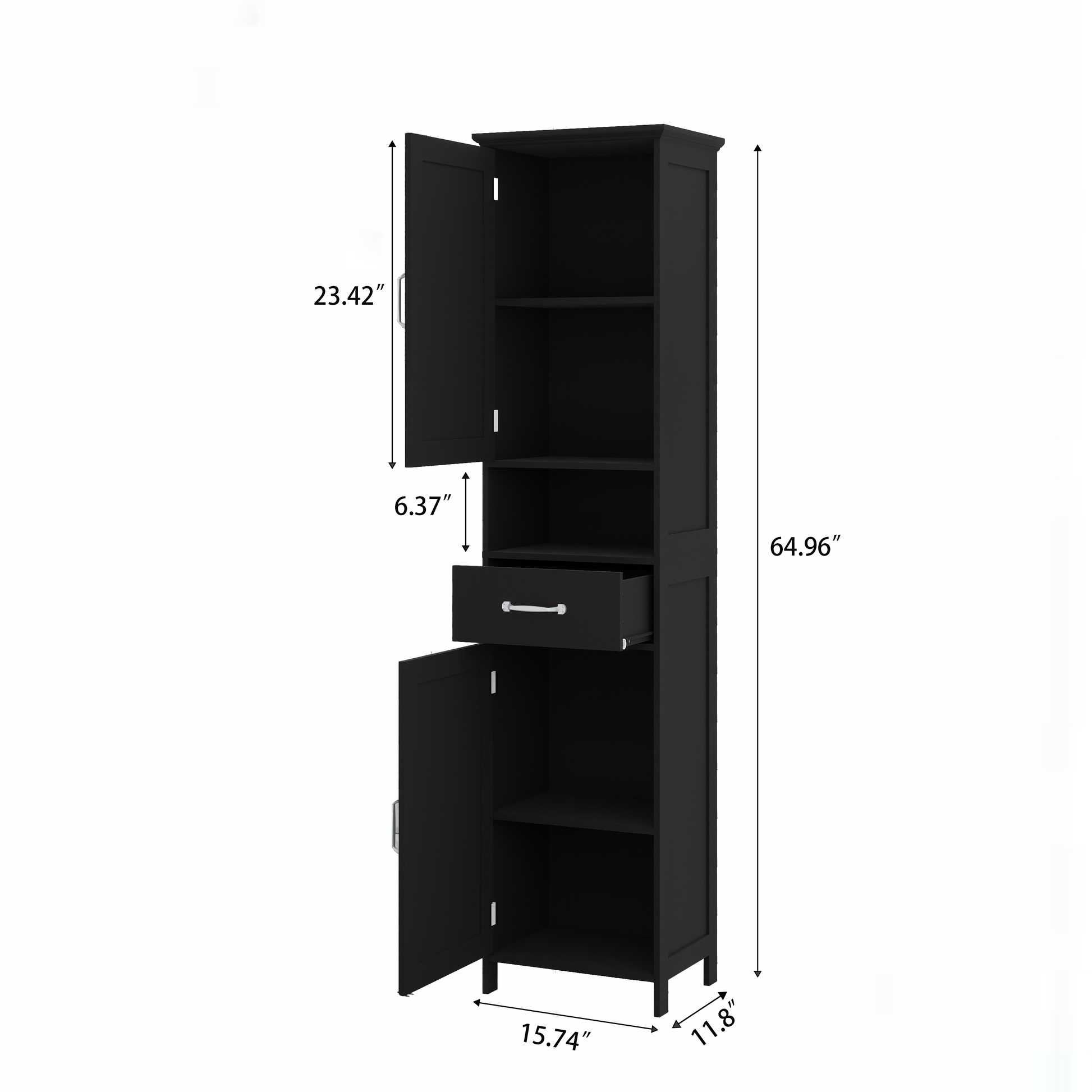 Double Door Narrow Height Slim Floor Standing Cabinet With 2 Adjustable Shelves Black Black Mdf