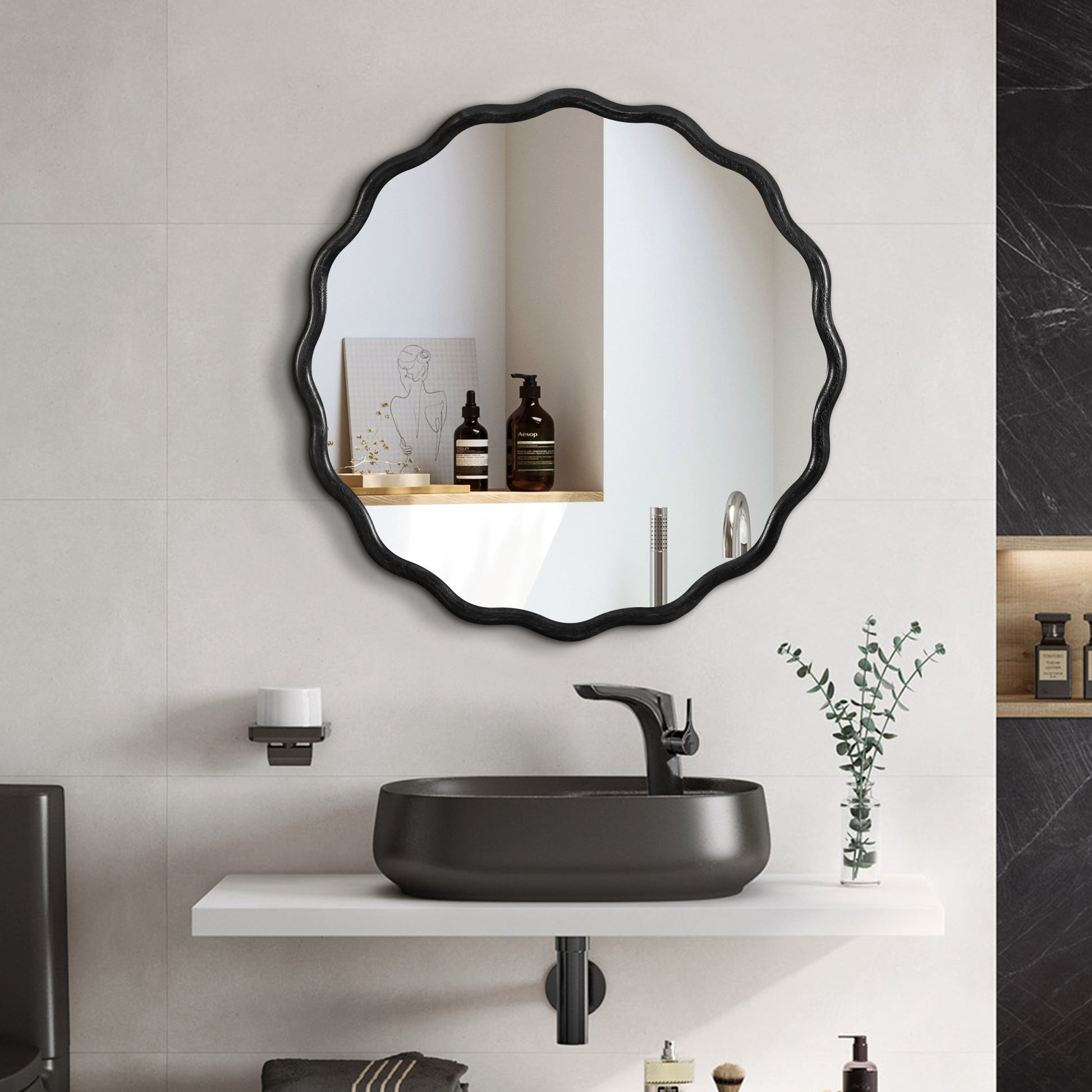 Solid Wood Wavy Mirror Black Vanity Mirror Wall Decor 36" X 36" Modern Mirror Wall Decor For Bathroom, Bedroom, Living Room, Dining Room, Cloakroom, Entryway Black Glass Solid Wood
