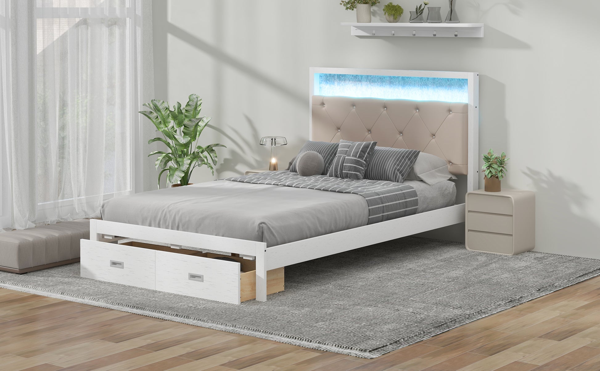 Wood Full Size Platform Bed With Upholstered Headboard And Led And 2 Drawers, Antique White Box Spring Not Required Full Antique White Wood Bed Frame Solid Wood Mdf