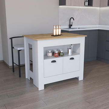 Floyd Kitchen Island 35" Hwhit 2 Doors, 3 Shelves, White Macadamia White Solid Wood Mdf Engineered Wood