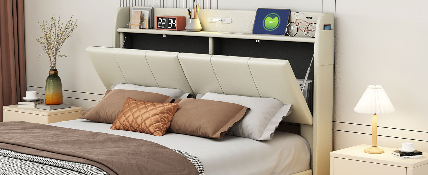 Queen Size Floating Bed Frame With Storage Headboard, Modern Upholstered Platform Bed With Touch Sensor Night Light And Usb Charger, Beige Queen Beige Bed Frame Wood