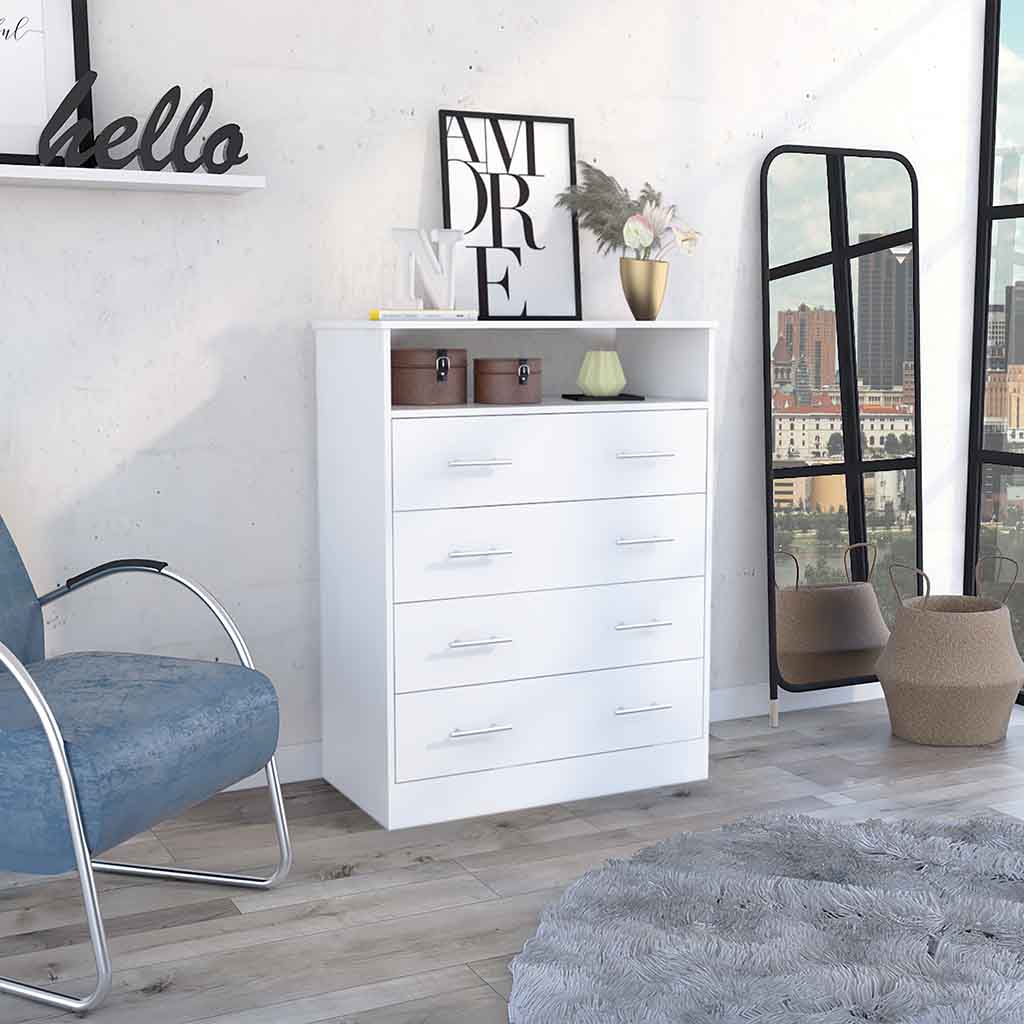 Four Drawer Dresser, Superior Top, One Open Shelf, White White Solid Wood Mdf Engineered Wood