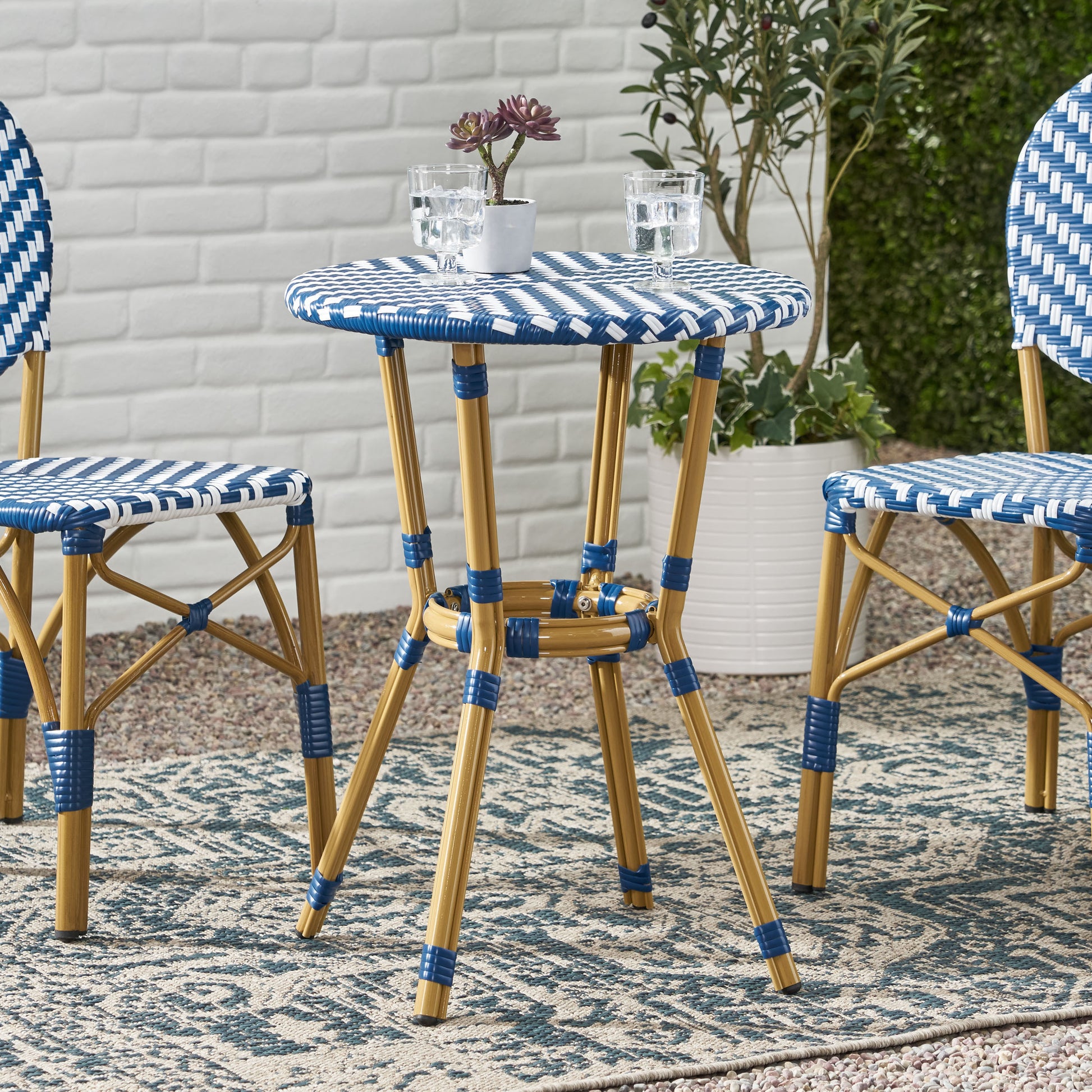 French Bistro Table - White Blue Rattan